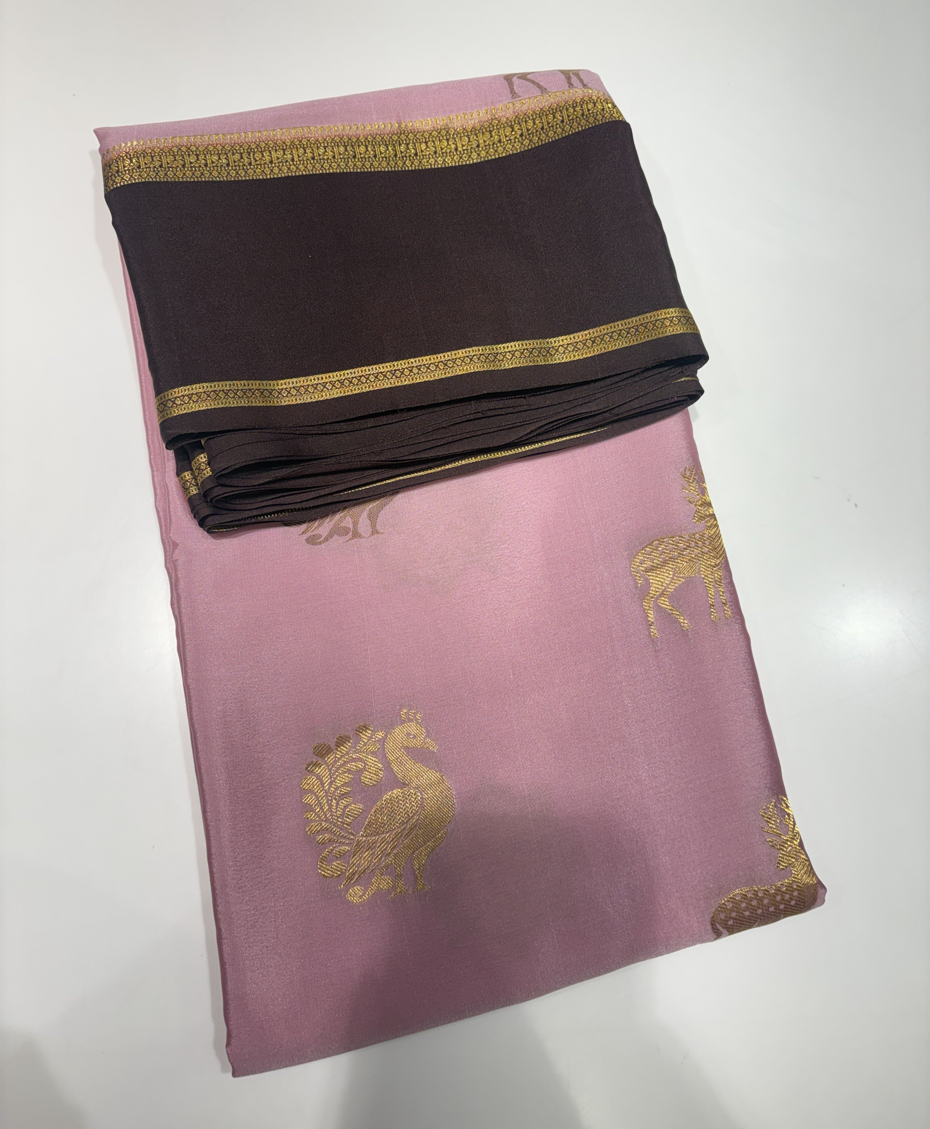 Cotten pink Pure Mysore Crepe Silk Saree(120 gsm) with Chocolate Brown Contrast