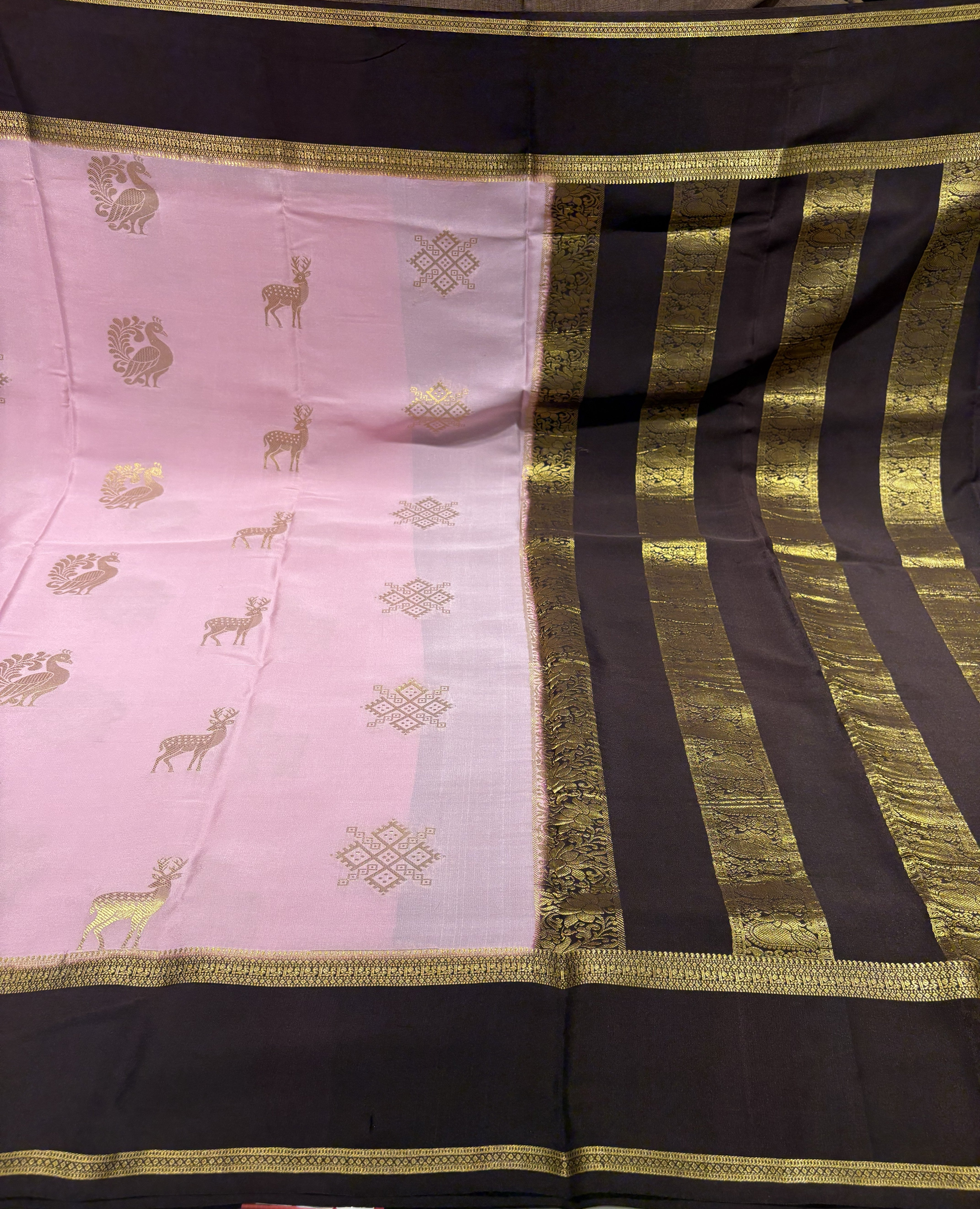 Cotten pink Pure Mysore Crepe Silk Saree(120 gsm) with Chocolate Brown Contrast