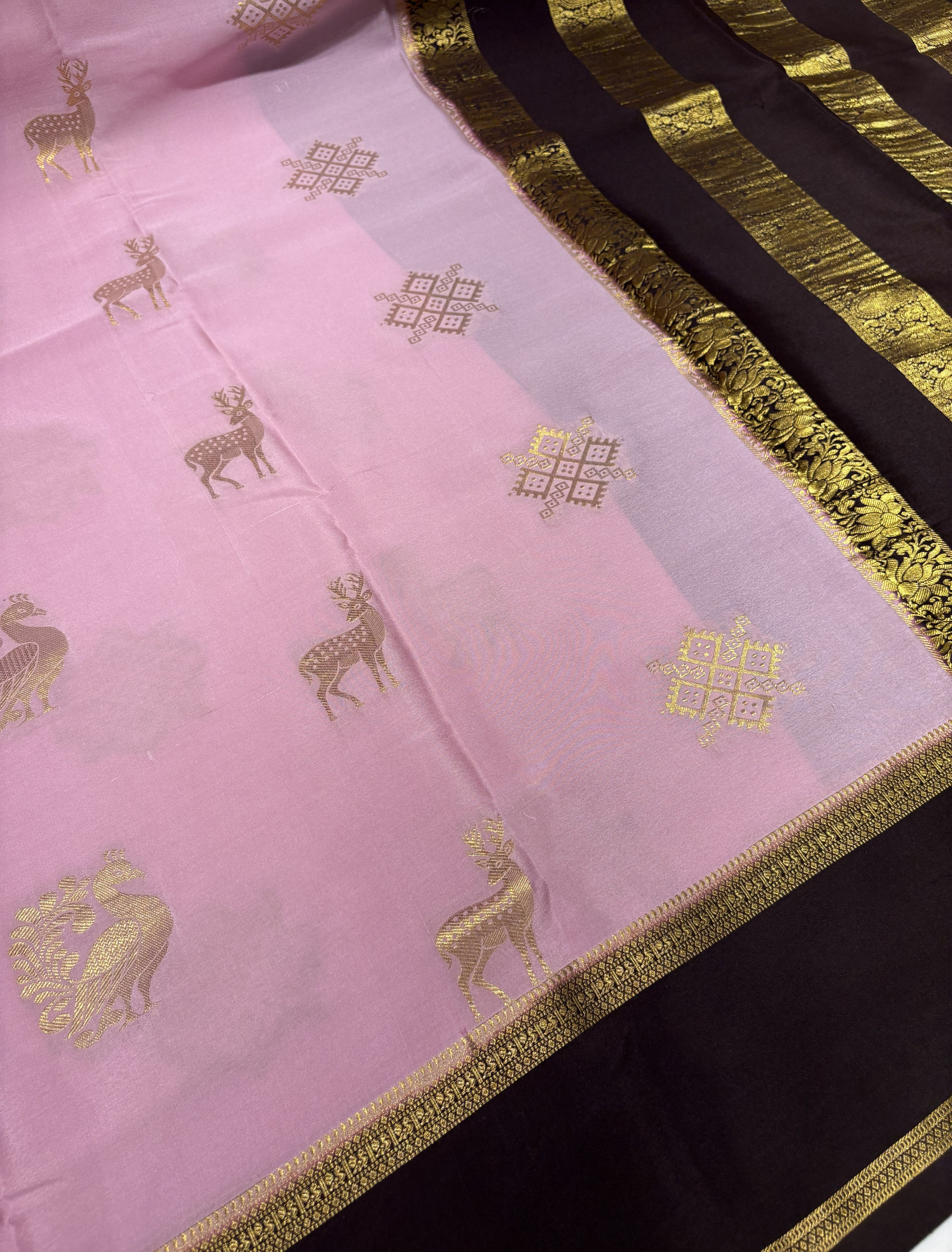 Cotten pink Pure Mysore Crepe Silk Saree(120 gsm) with Chocolate Brown Contrast