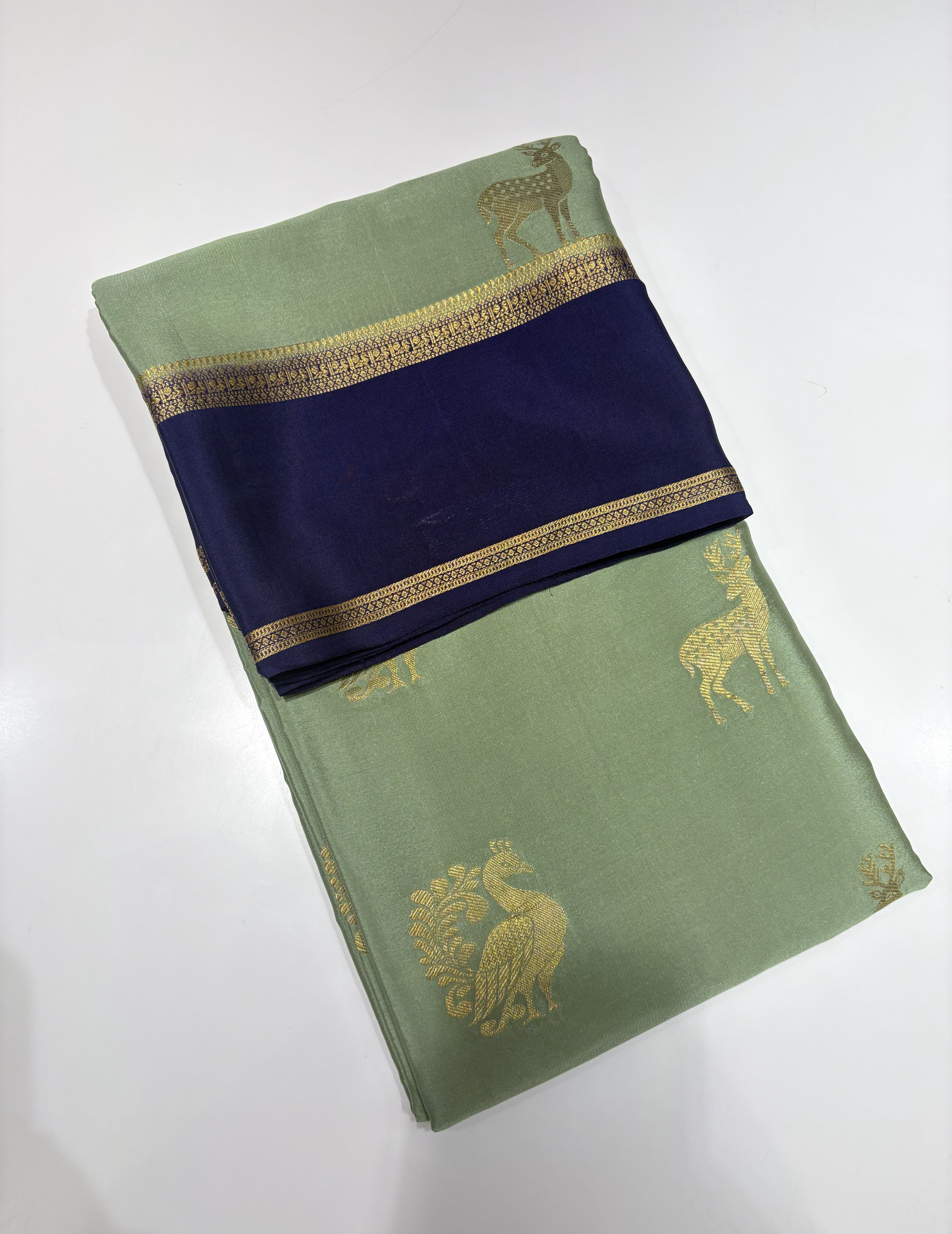 Pista Green Pure Mysore Crepe Silk Saree(120 gsm) with Royal Blue Contrast