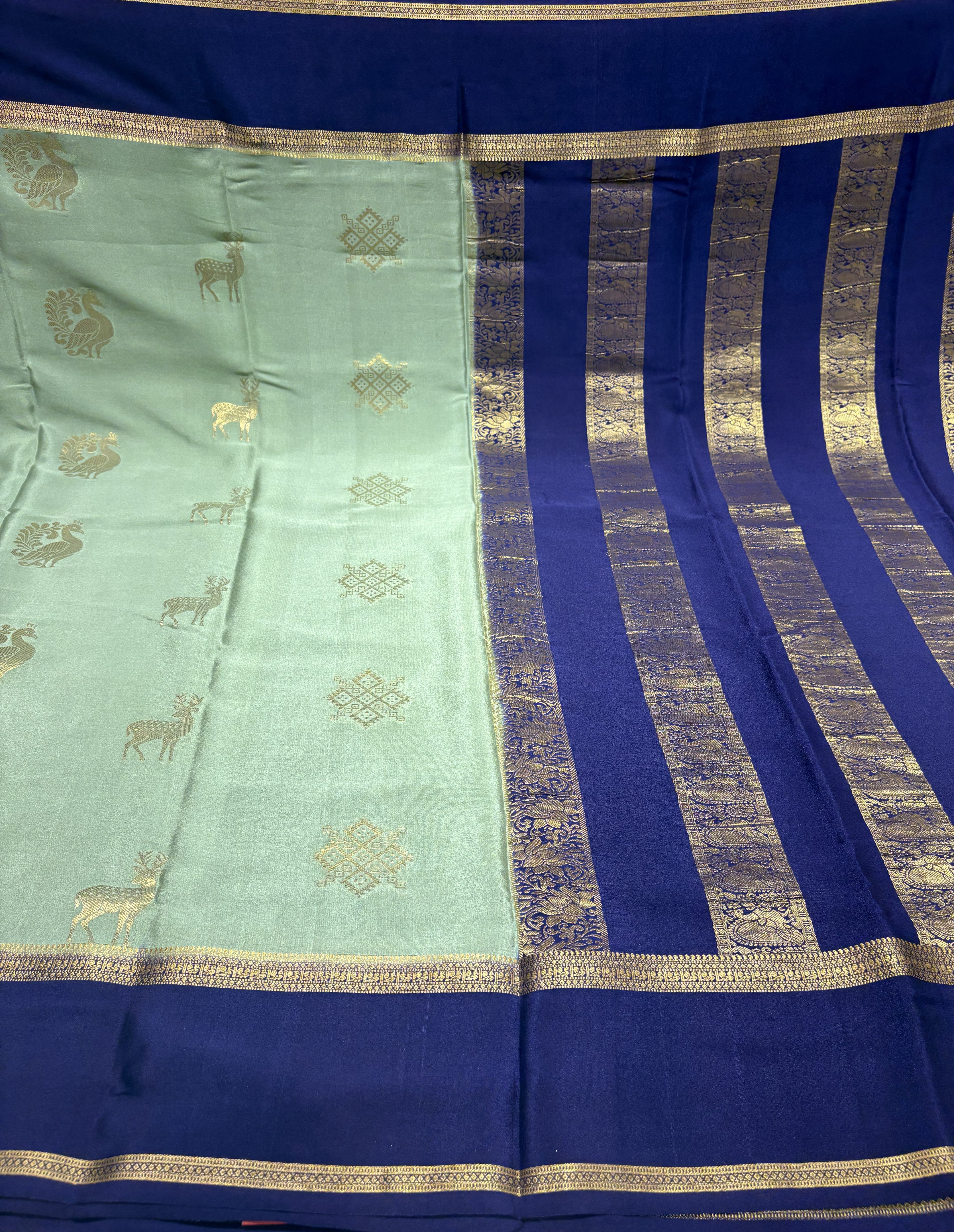 Pista Green Pure Mysore Crepe Silk Saree(120 gsm) with Royal Blue Contrast