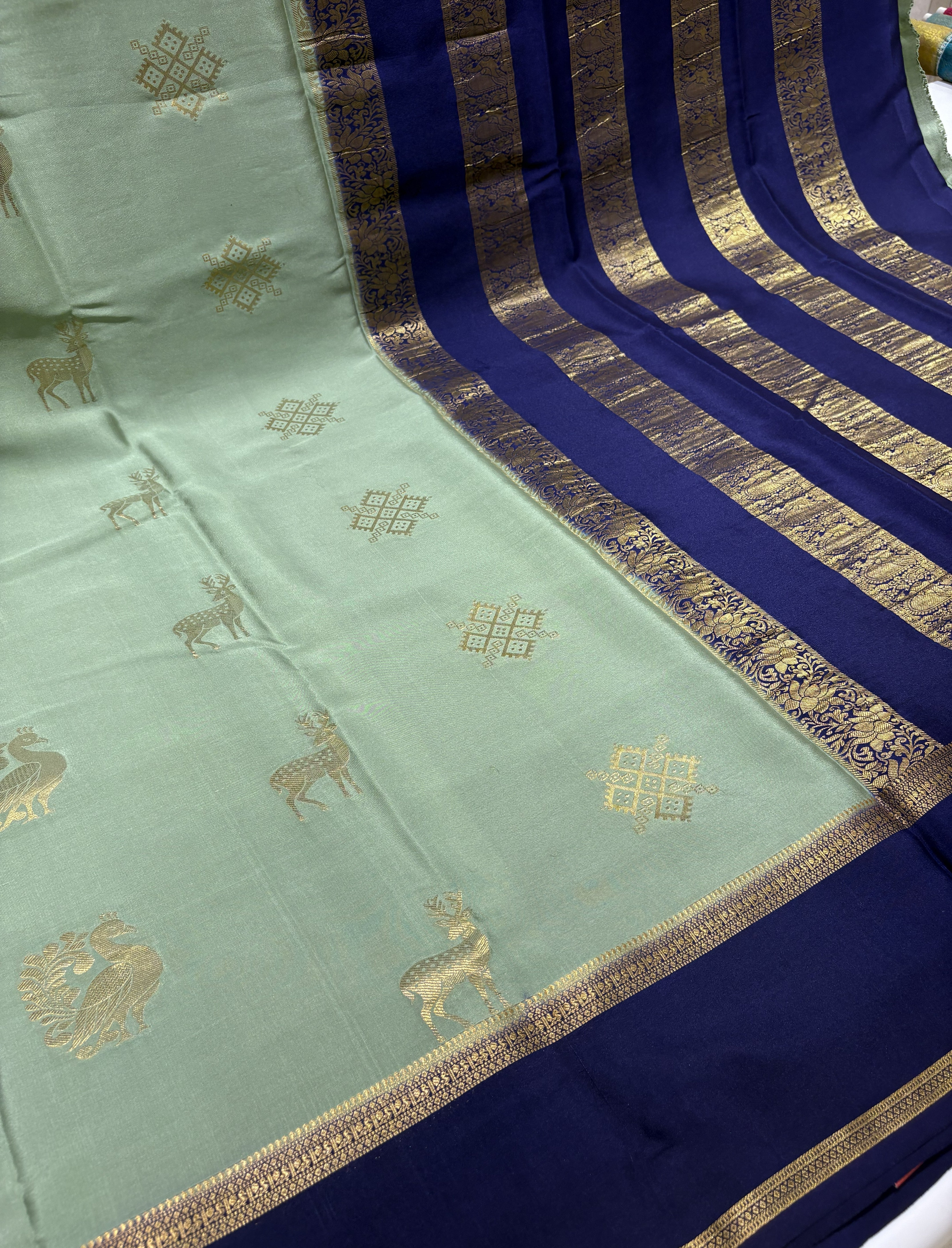 Pista Green Pure Mysore Crepe Silk Saree(120 gsm) with Royal Blue Contrast