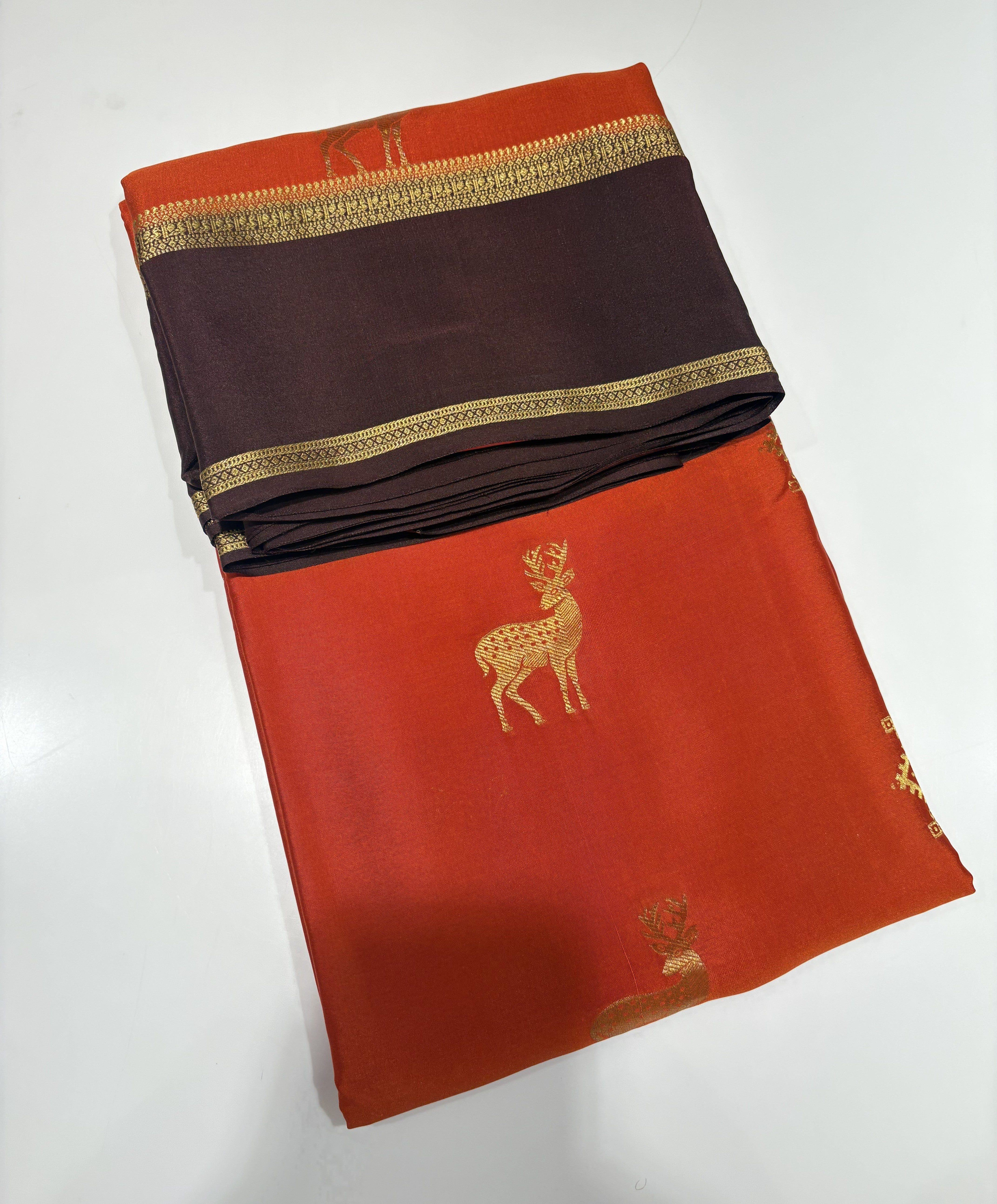 Rust Orange Pure Mysore Silk Saree(120 gsm) with Brown Contrast