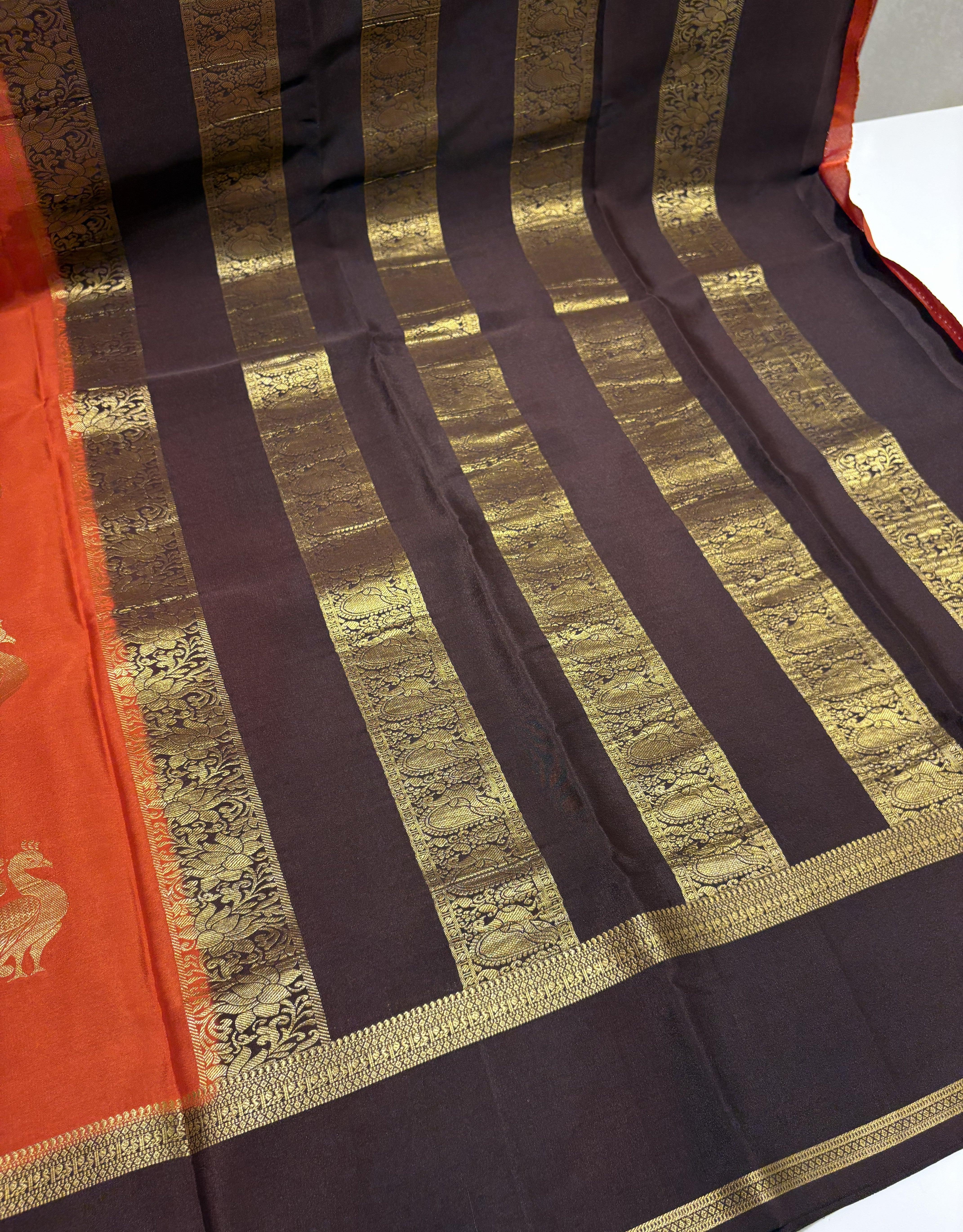 Rust Orange Pure Mysore Silk Saree(120 gsm) with Brown Contrast