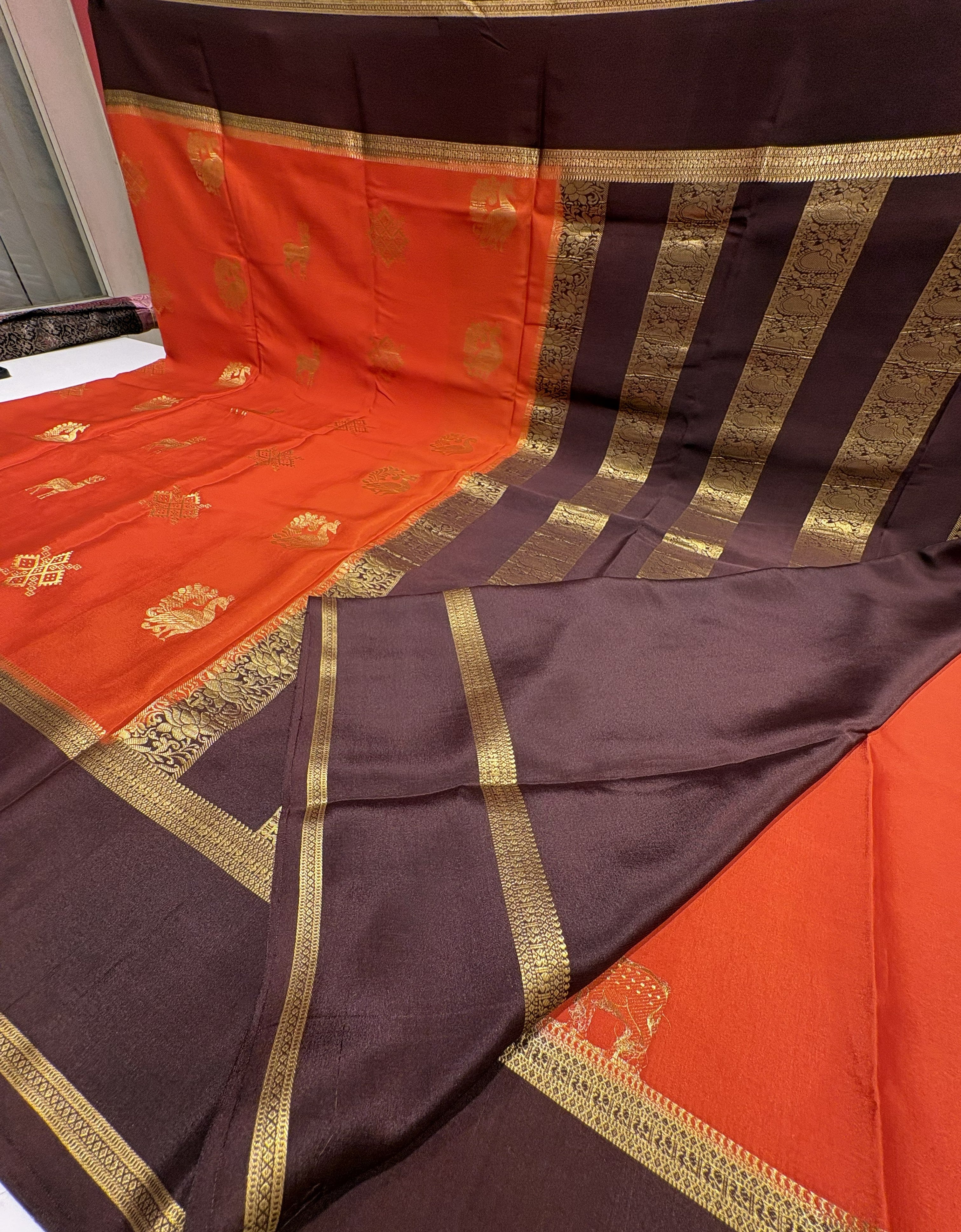 Rust Orange Pure Mysore Silk Saree(120 gsm) with Brown Contrast