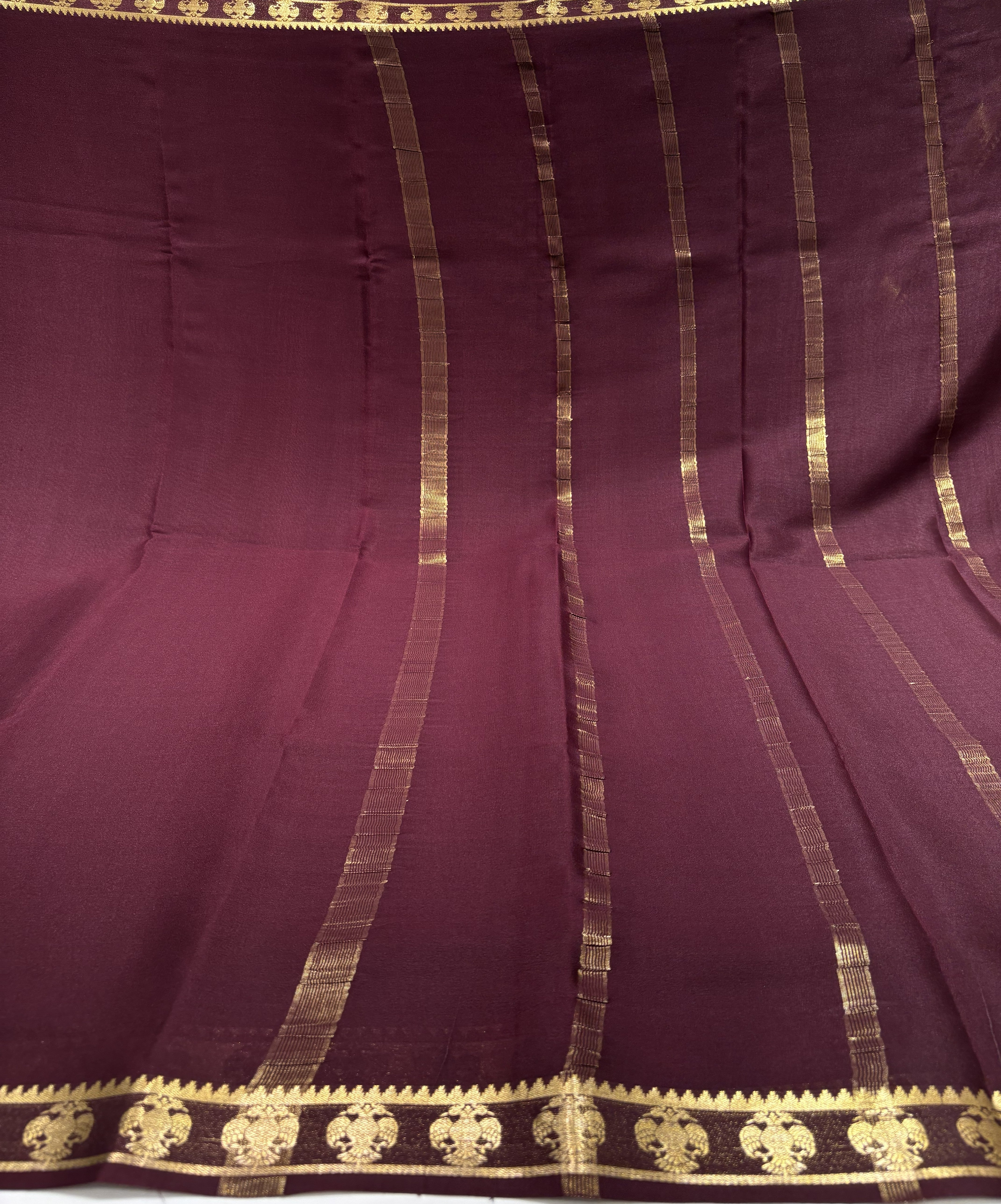 Dark Brown Mysore Silk Crepe Saree(60 gsm) With Gandaberunda motifs Border In gold Zari