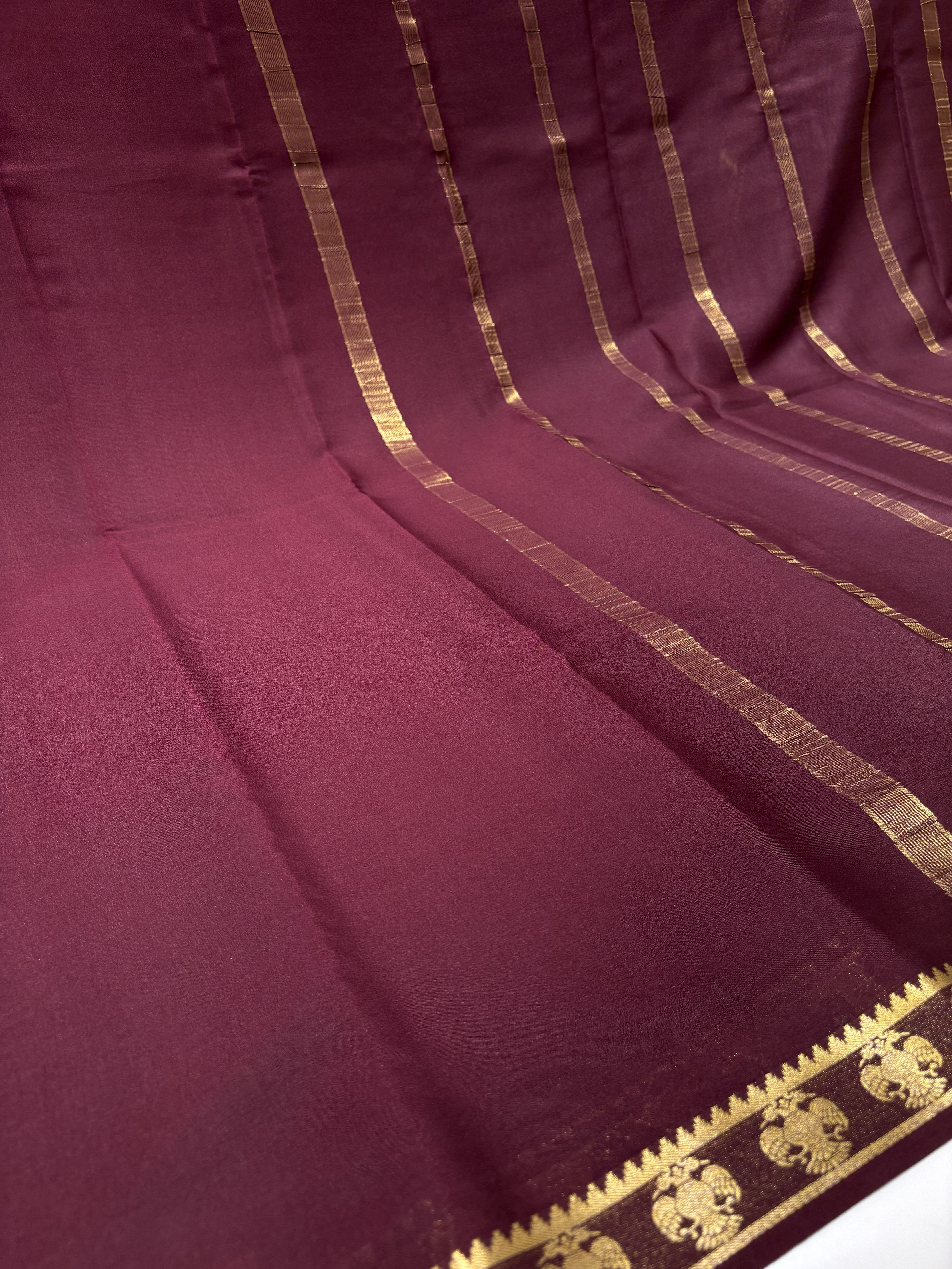 Dark Brown Mysore Silk Crepe Saree(60 gsm) With Gandaberunda motifs Border In gold Zari