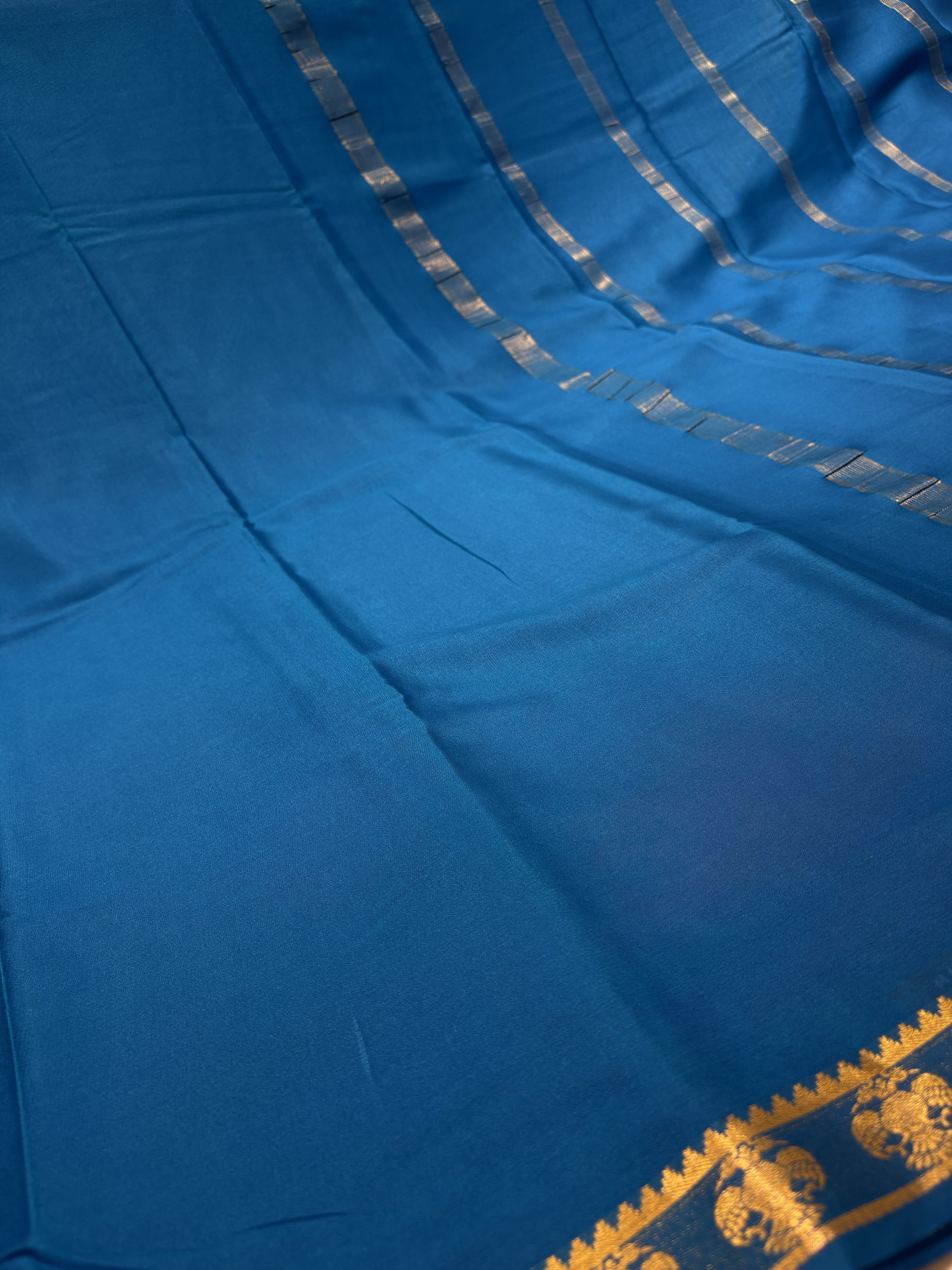 Deep Sea Blue Mysore Silk Crepe Saree(60 gsm) With Gandaberunda motifs Border In gold Zari