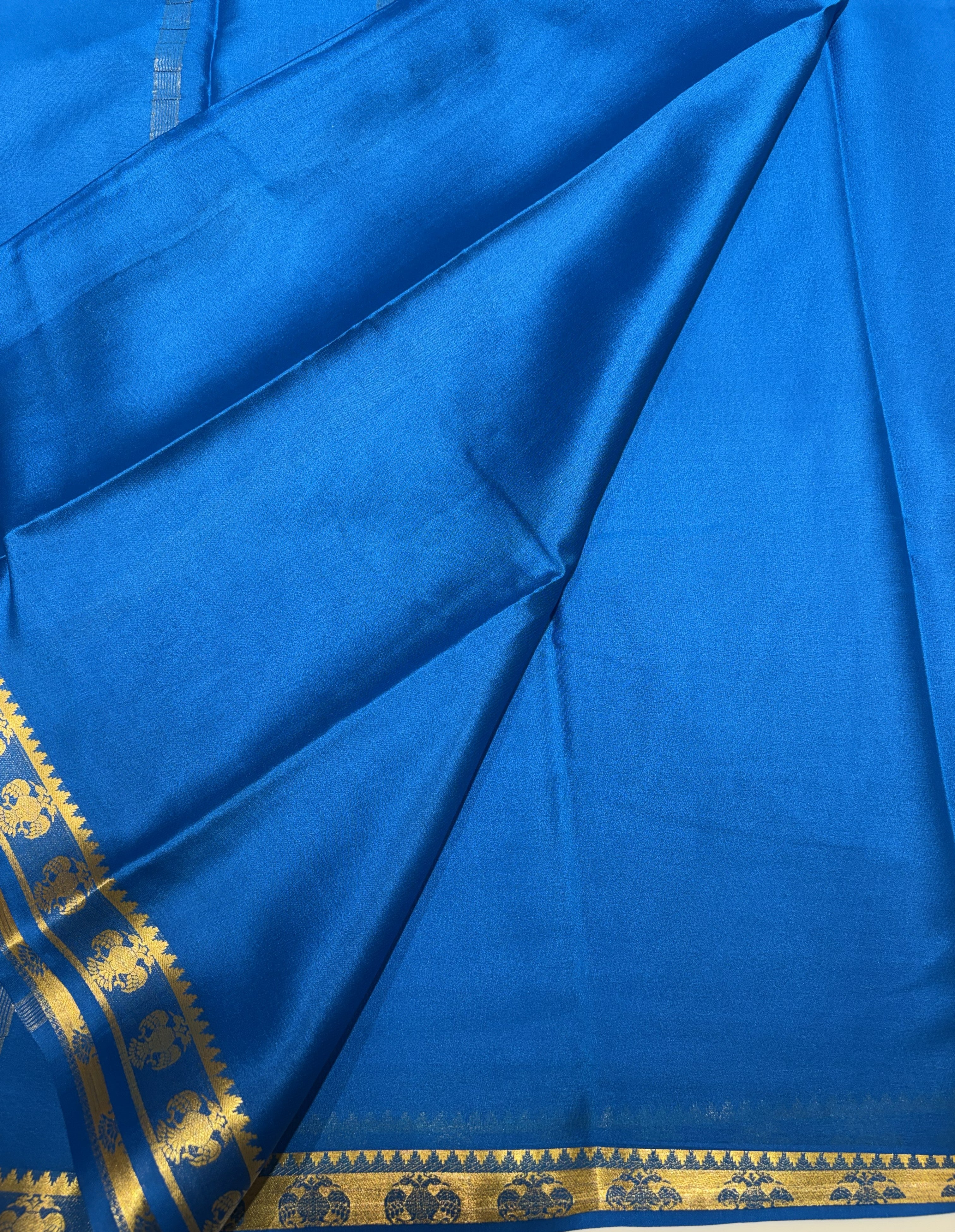 Deep Sea Blue Mysore Silk Crepe Saree(60 gsm) With Gandaberunda motifs Border In gold Zari
