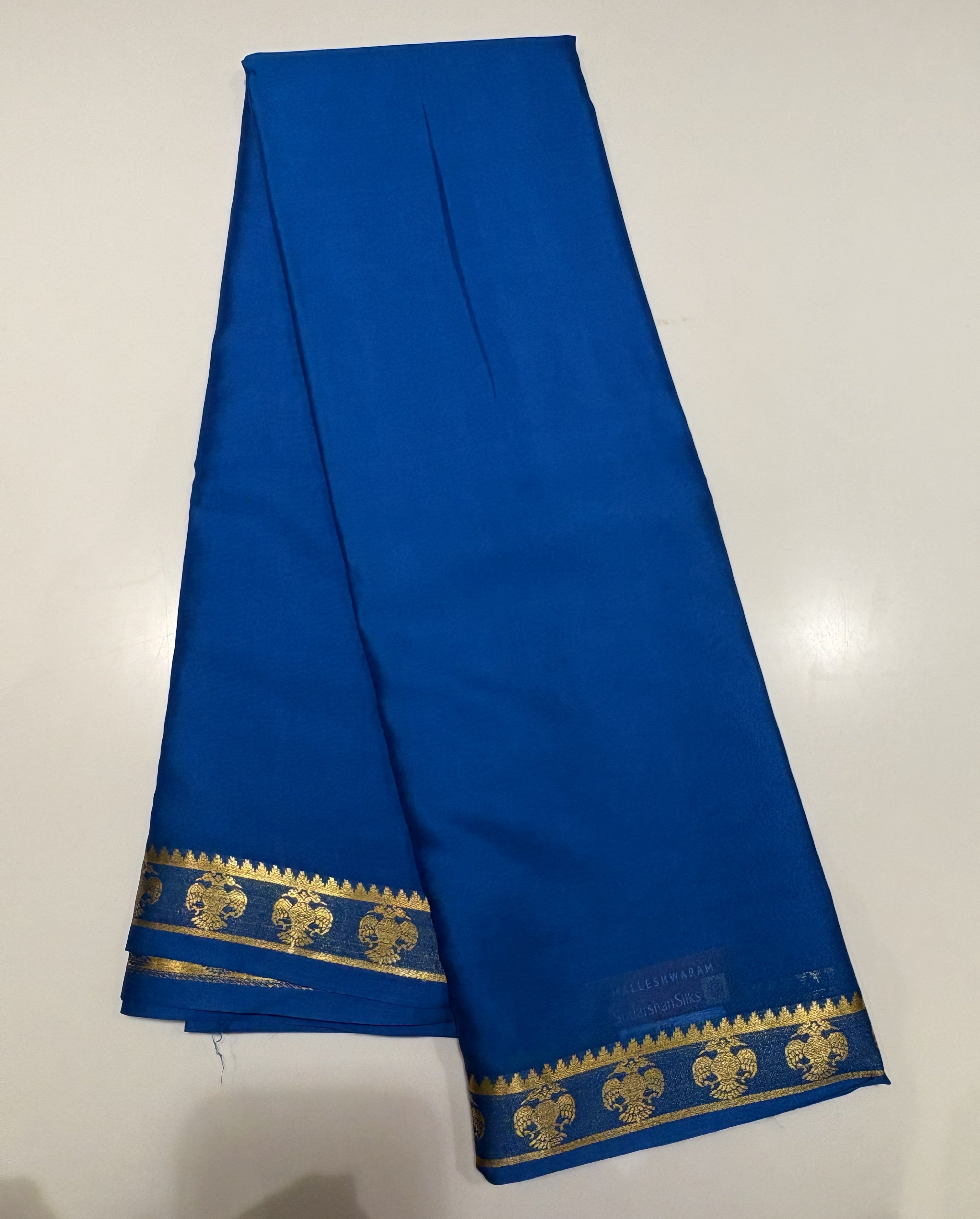 Deep Sea Blue Mysore Silk Crepe Saree(60 gsm) With Gandaberunda motifs Border In gold Zari