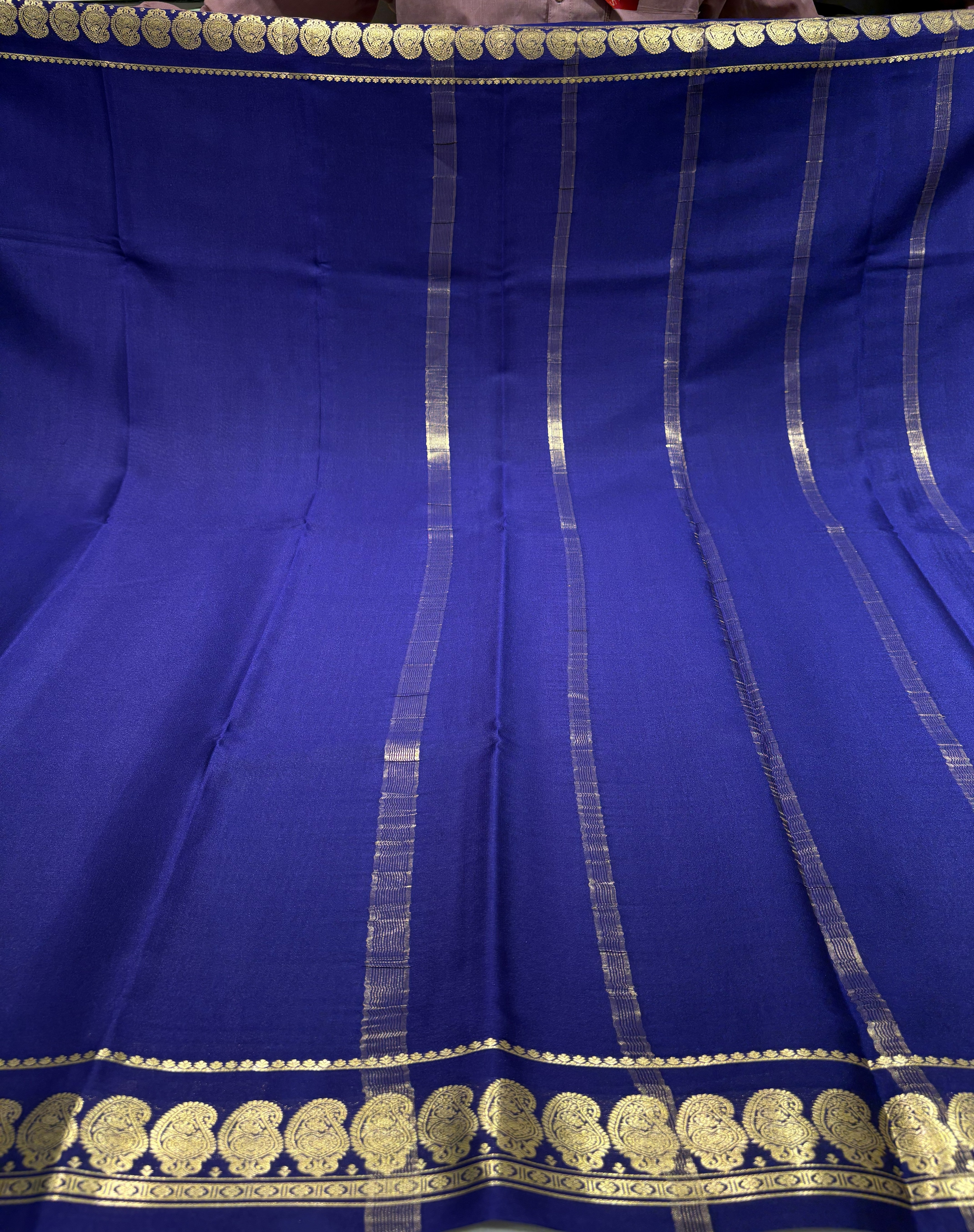 Navy Blue Mysore Silk Crepe Saree(60 gsm) With Golden Mango motifs in Border