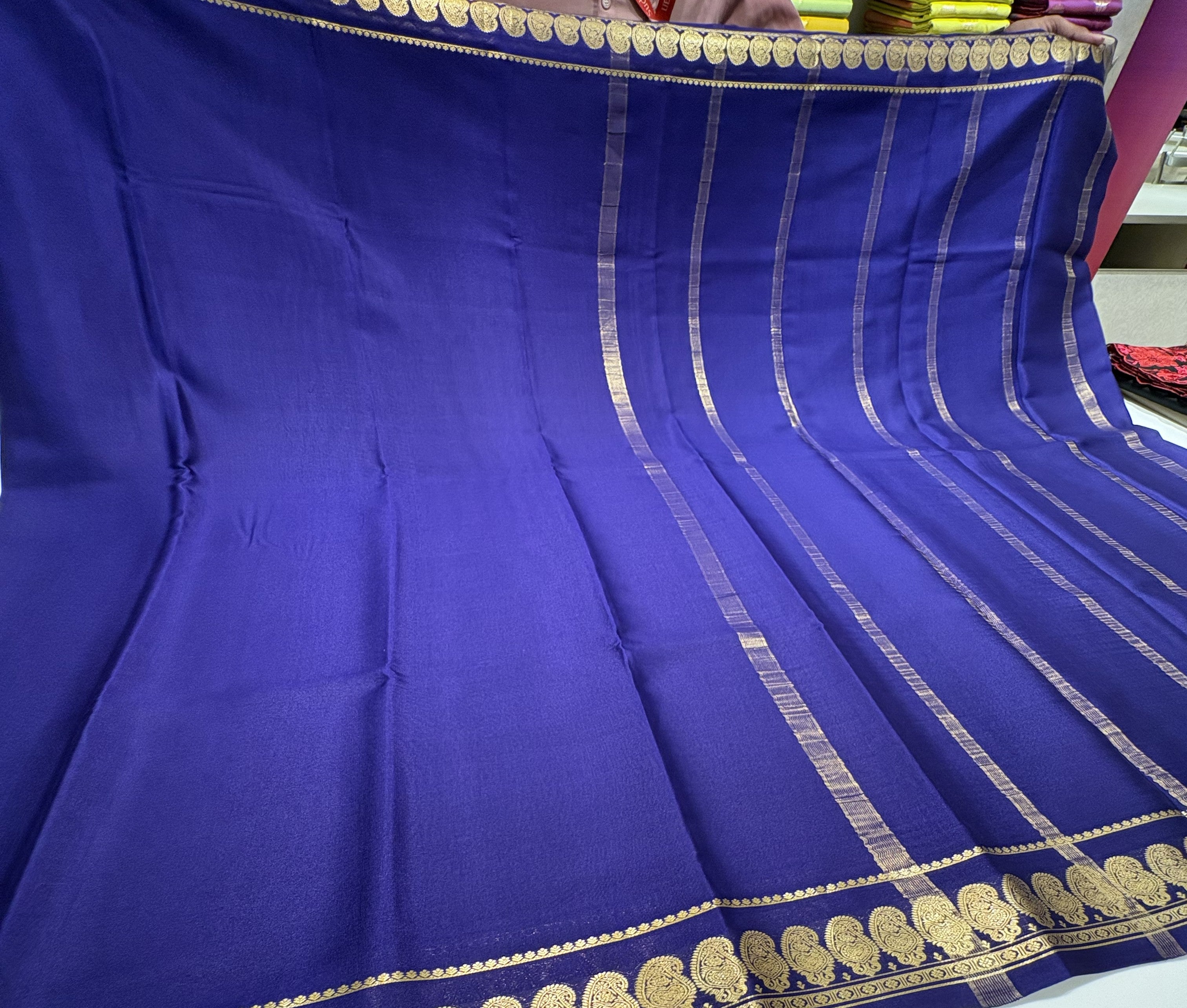 Navy Blue Mysore Silk Crepe Saree(60 gsm) With Golden Mango motifs in Border