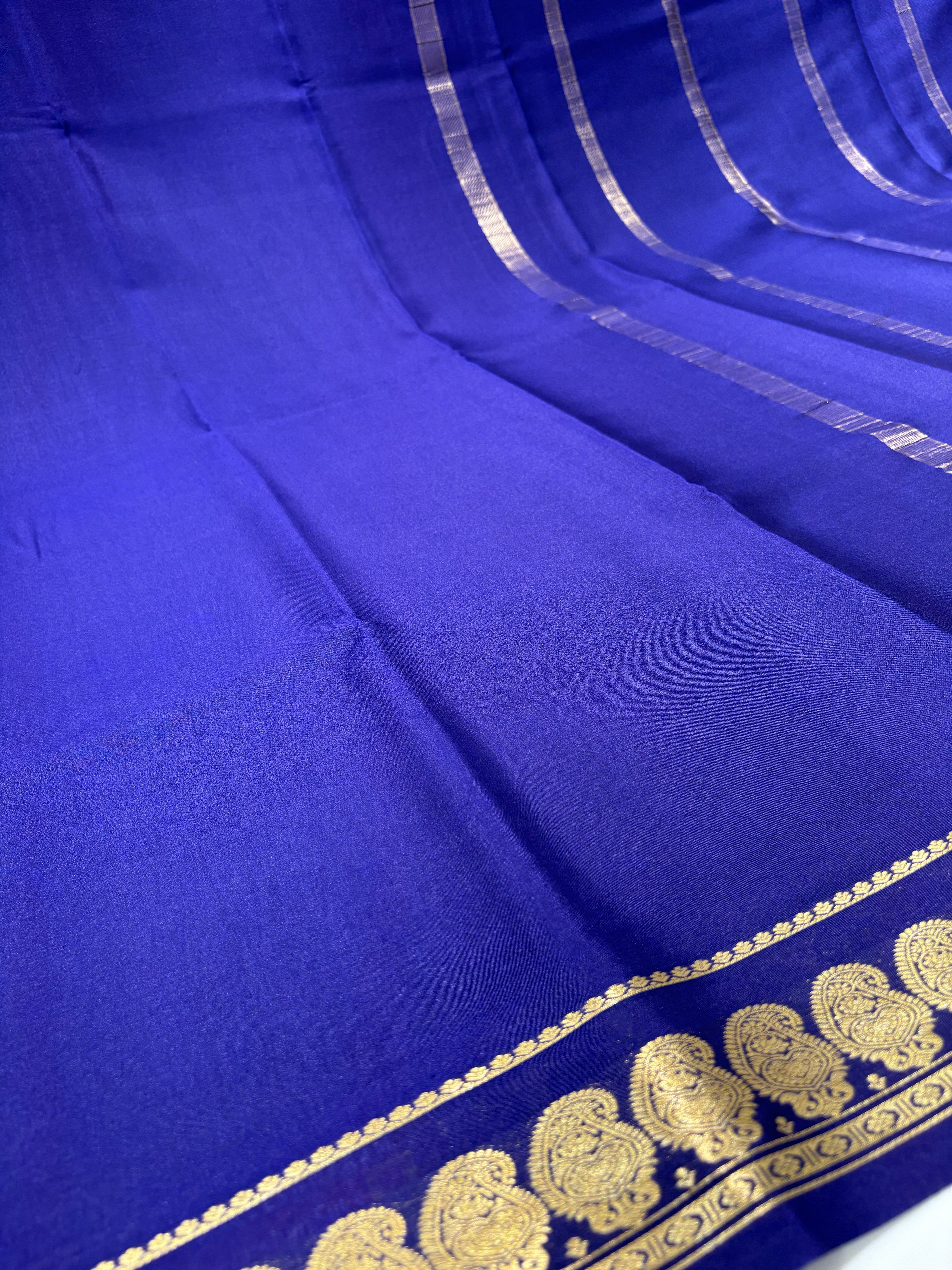 Navy Blue Mysore Silk Crepe Saree(60 gsm) With Golden Mango motifs in Border