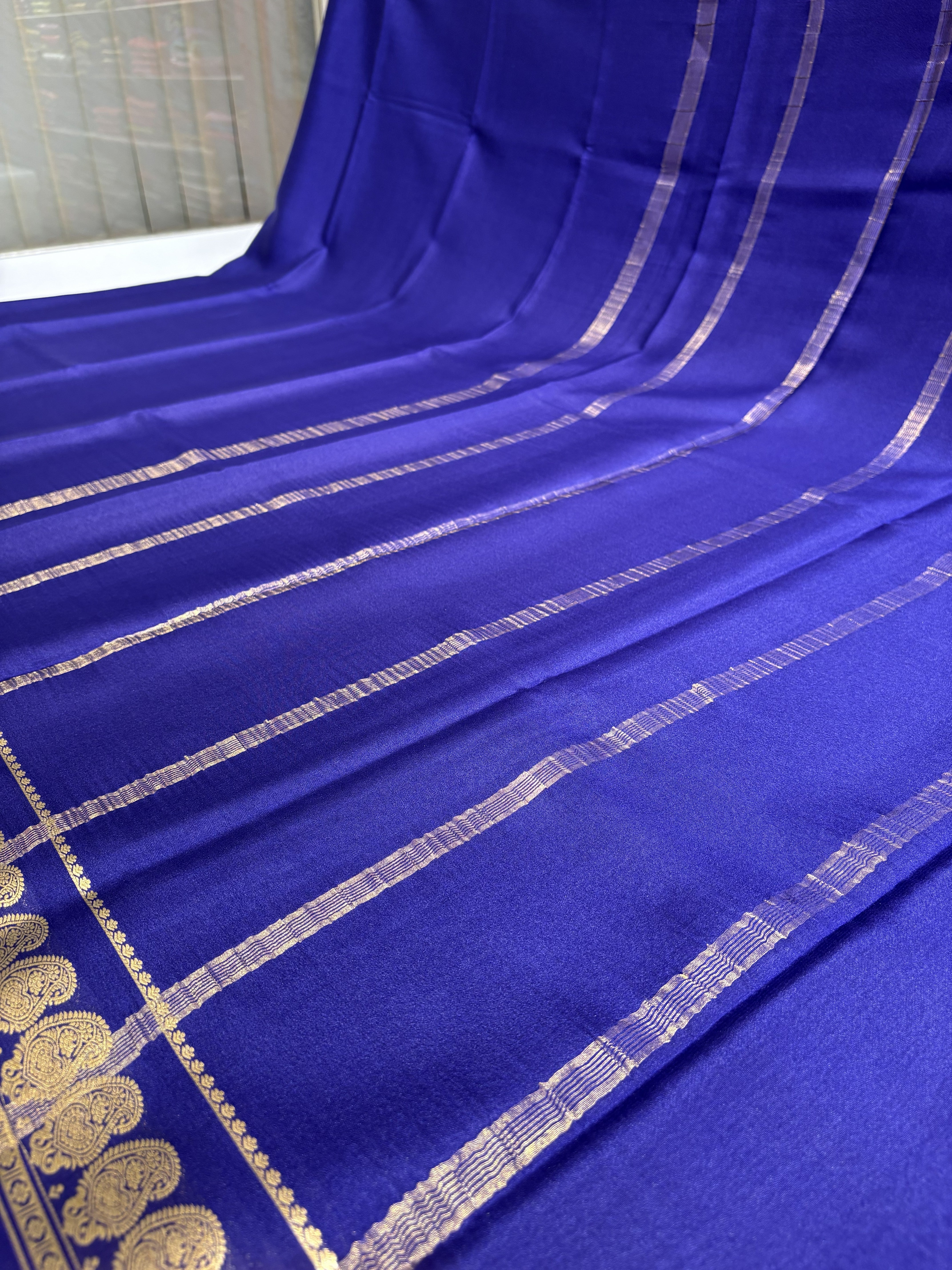 Navy Blue Mysore Silk Crepe Saree(60 gsm) With Golden Mango motifs in Border