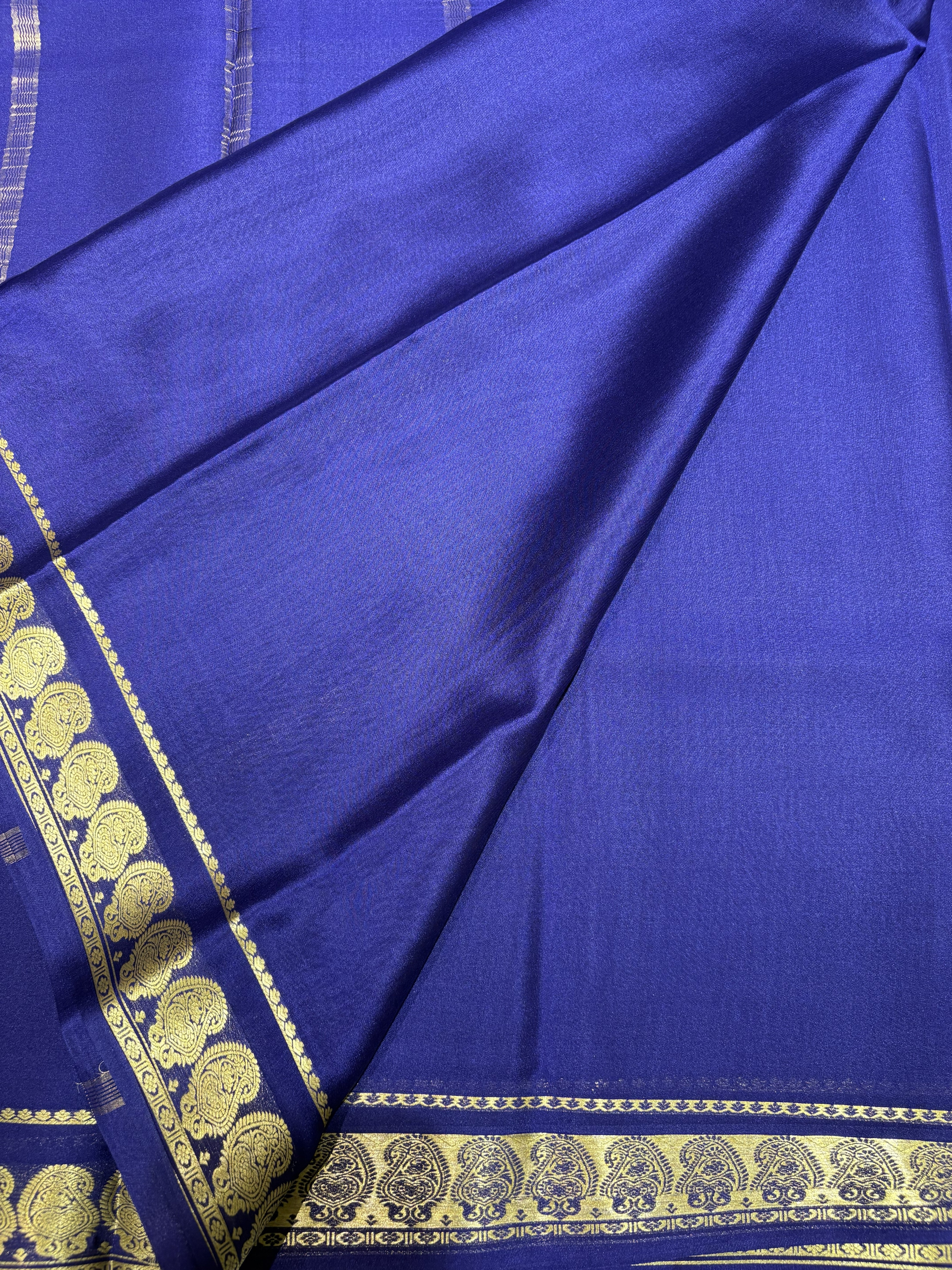 Navy Blue Mysore Silk Crepe Saree(60 gsm) With Golden Mango motifs in Border