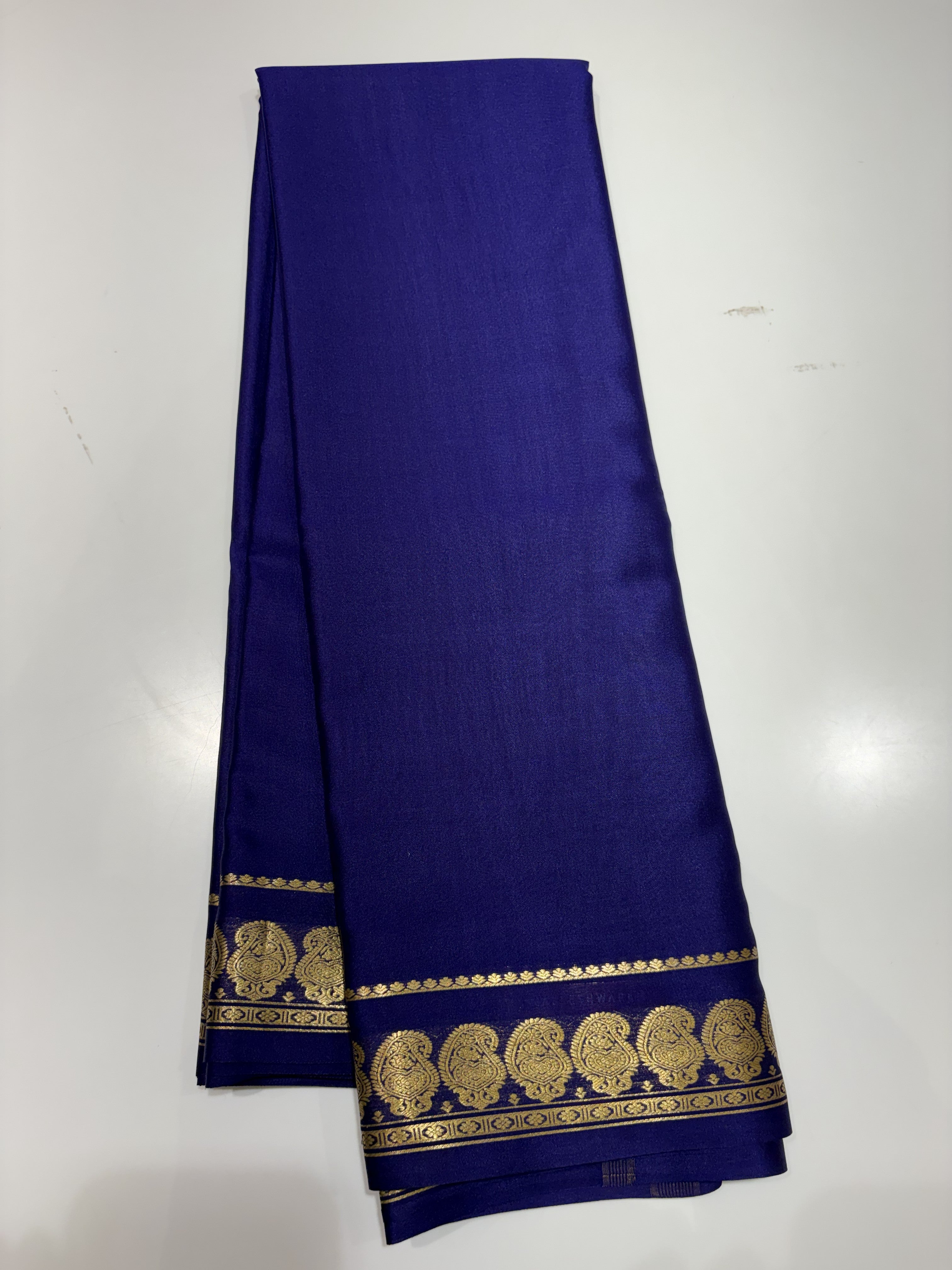 Navy Blue Mysore Silk Crepe Saree(60 gsm) With Golden Mango motifs in Border