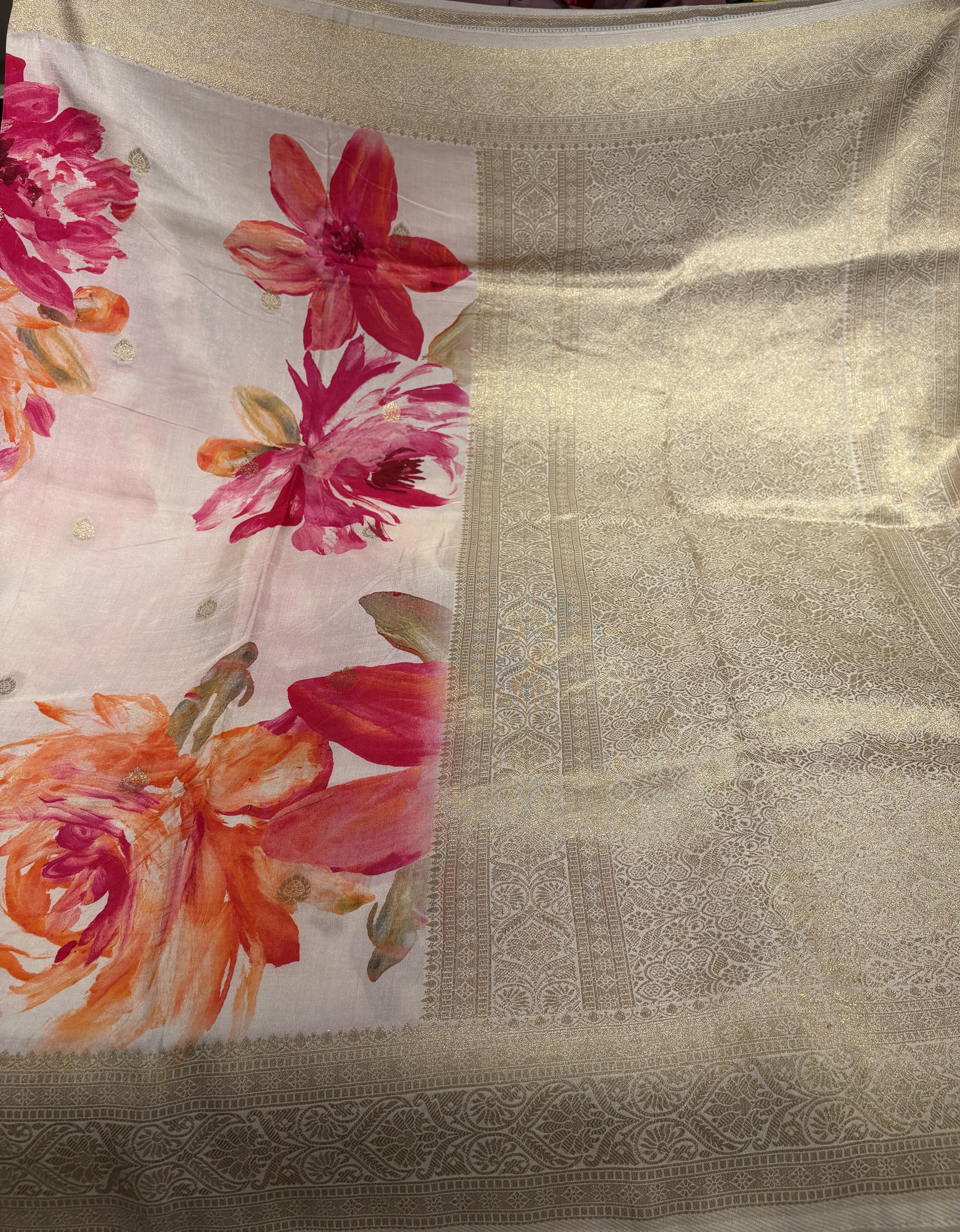 Elegant Half white Dola Silk Saree with Digital Floral Print Over the Body