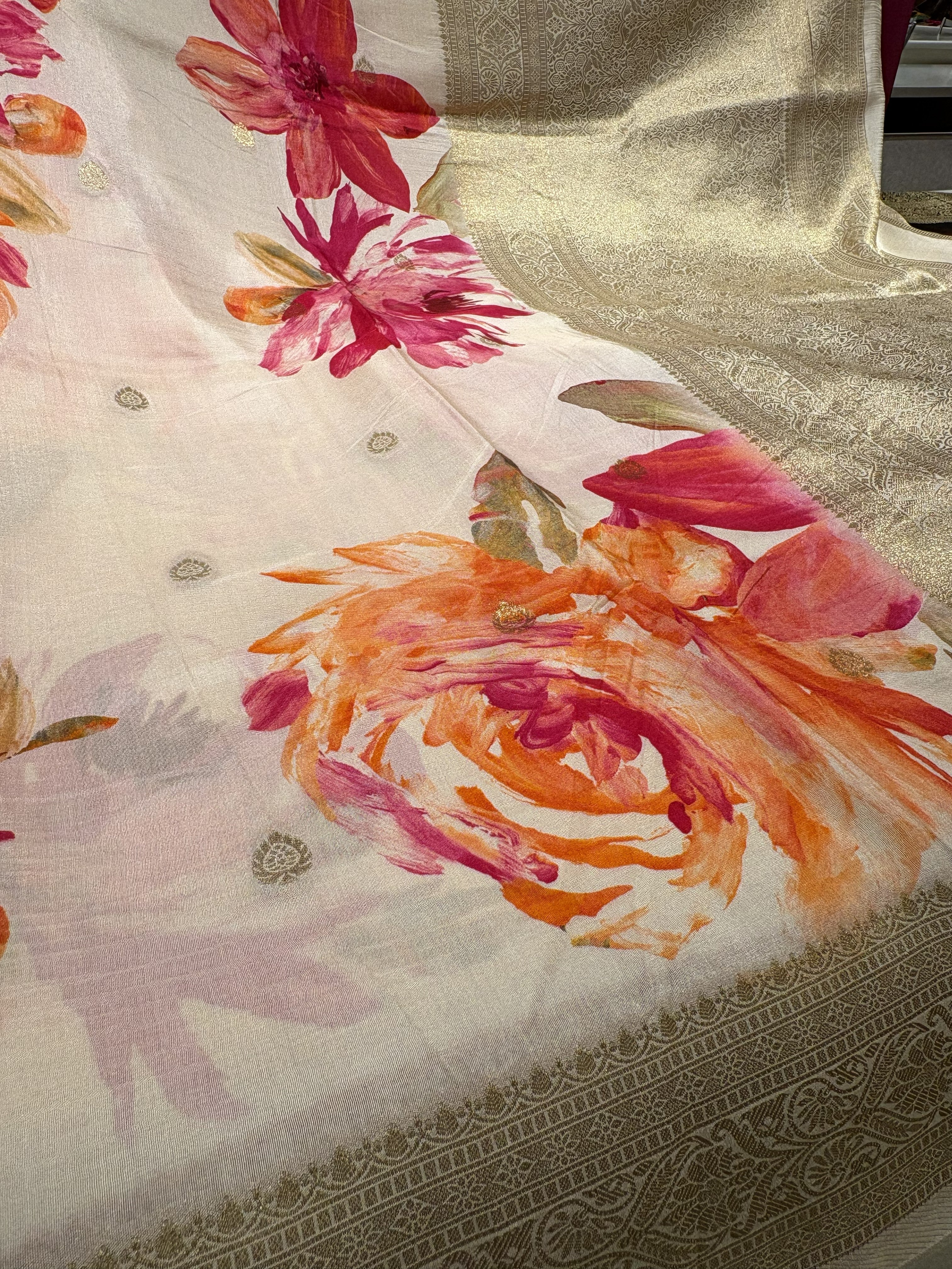 Elegant Half white Dola Silk Saree with Digital Floral Print Over the Body