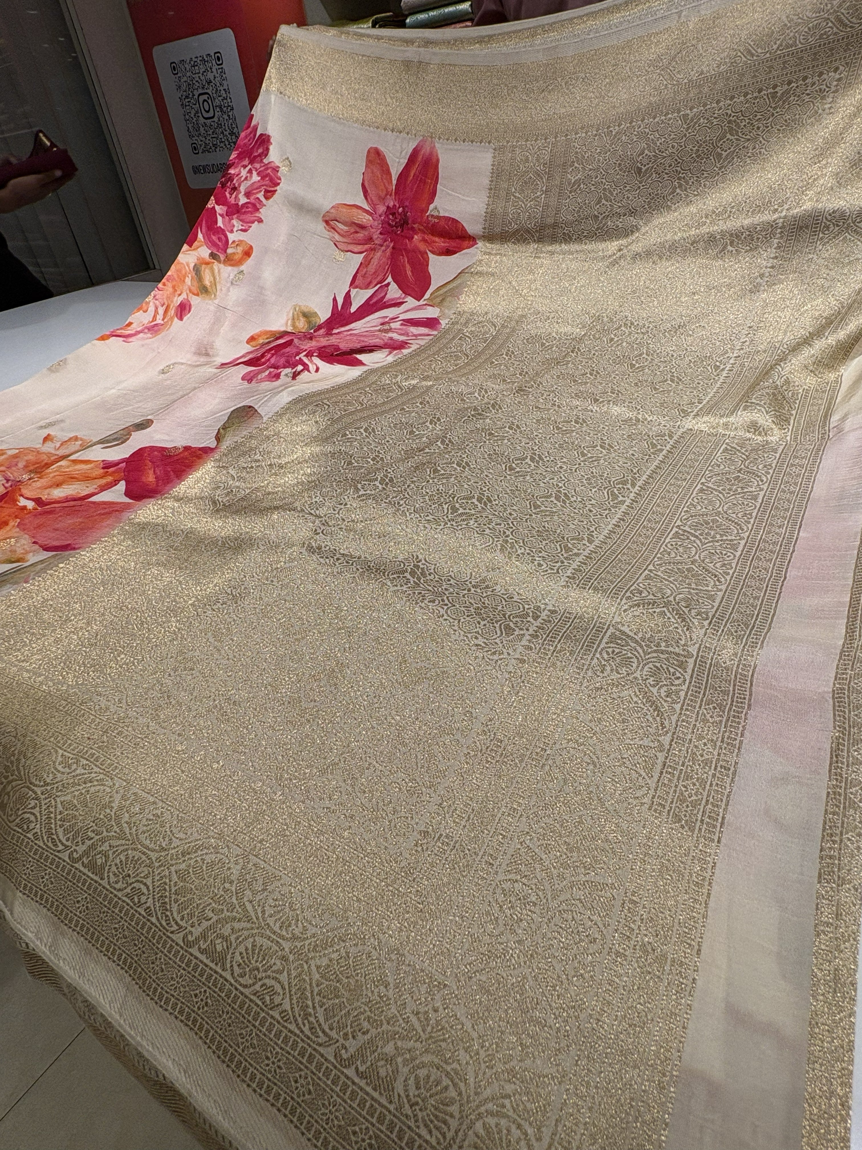 Elegant Half white Dola Silk Saree with Digital Floral Print Over the Body