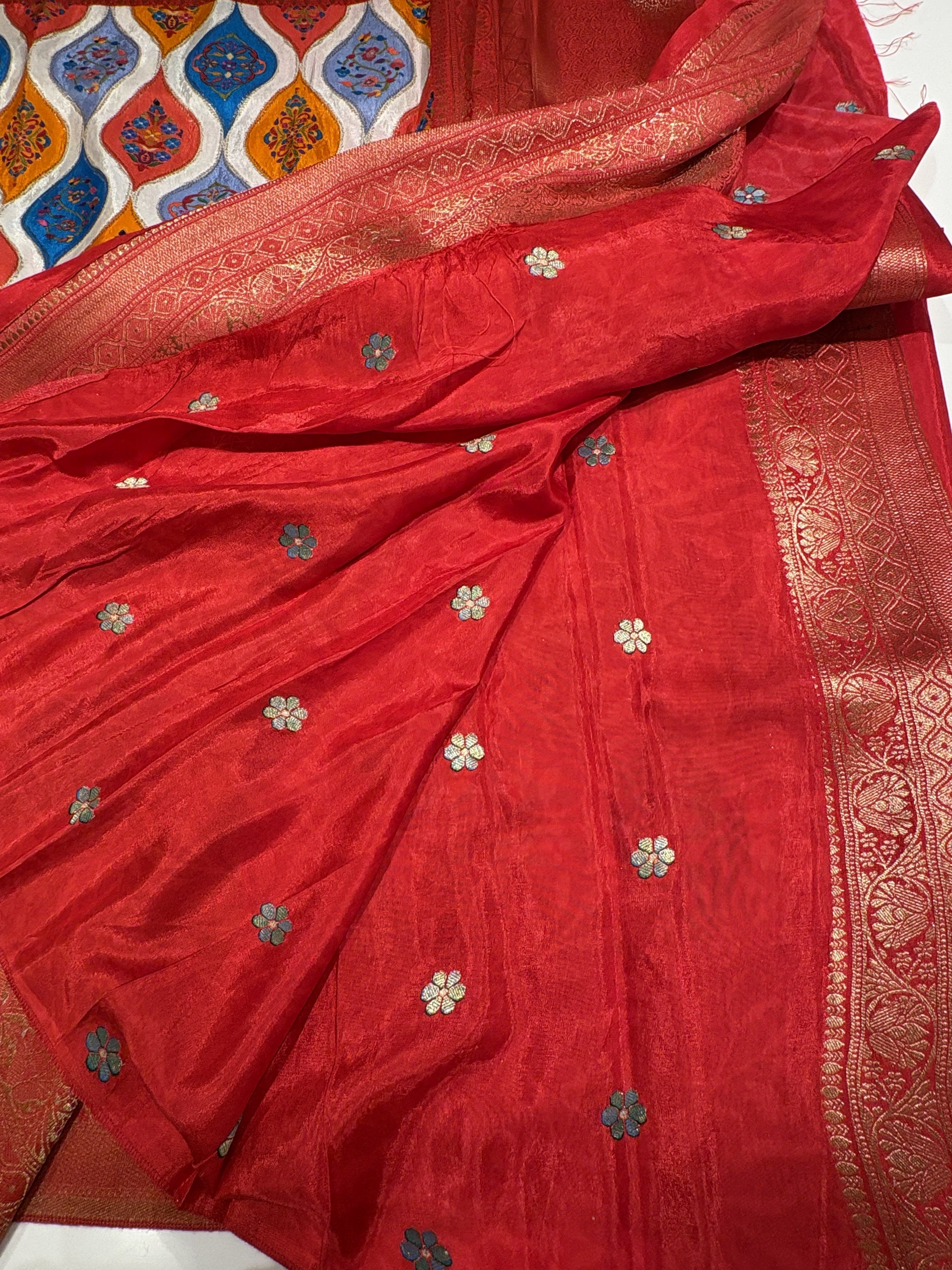 Premium Dark Red Dola Silk Saree assembling Meenakari style in the Body
