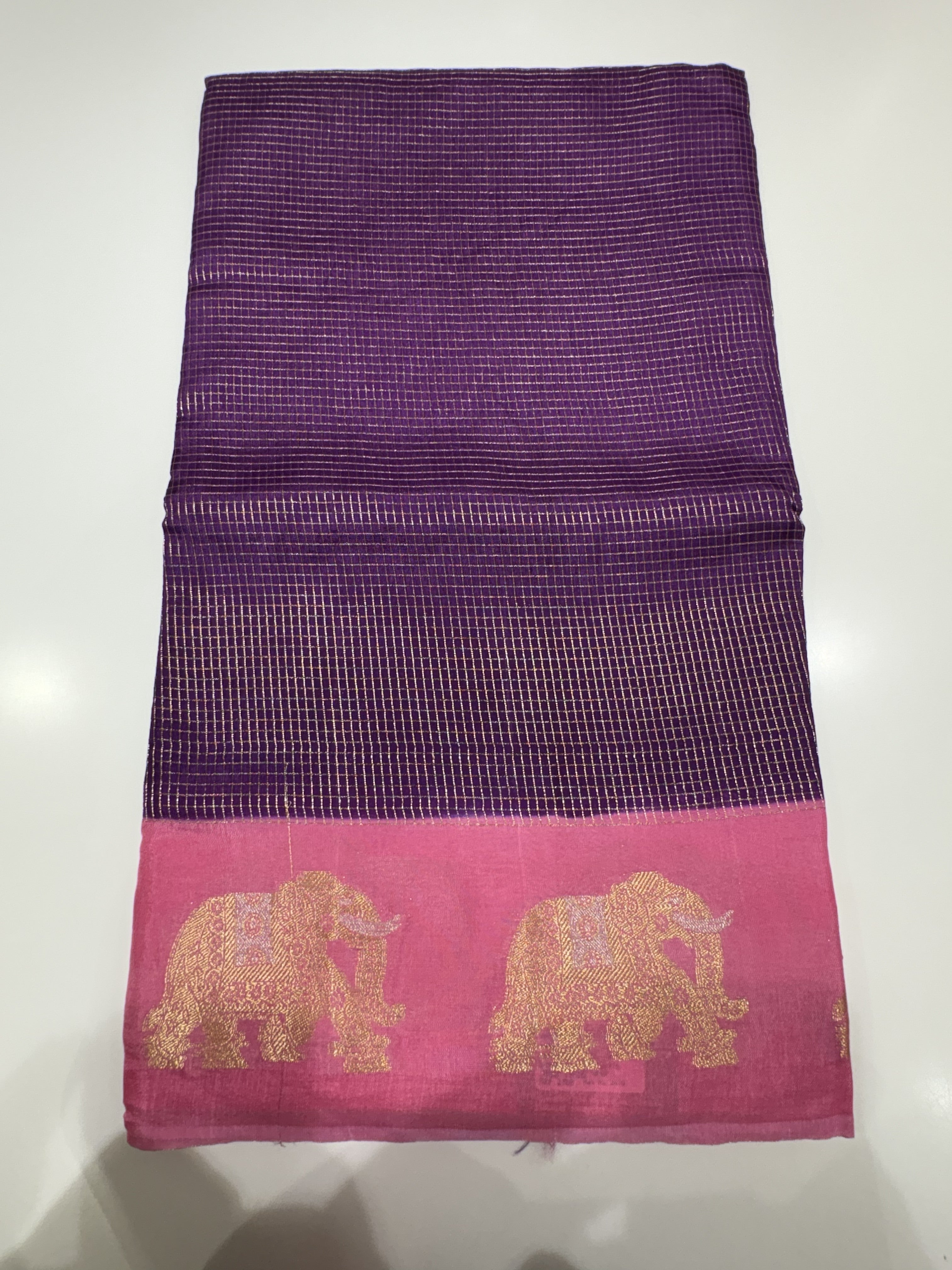 Beautiful Purple Fancy Saree With Onion Pink Contrast And Elephant Motifs on its Border