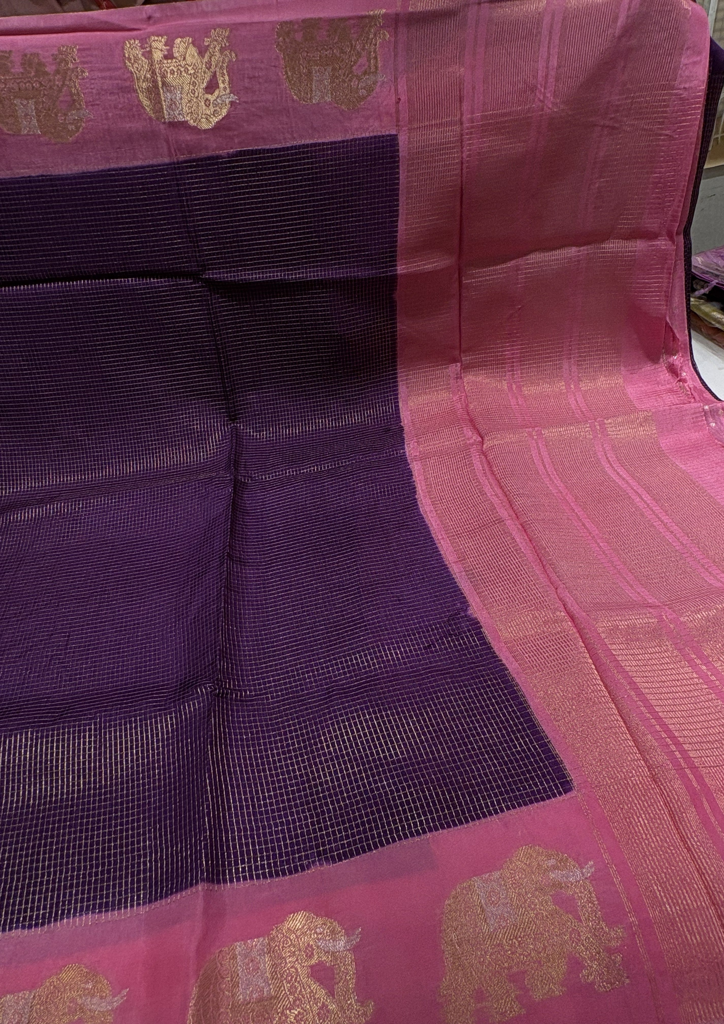 Beautiful Purple Fancy Saree With Onion Pink Contrast And Elephant Motifs on its Border