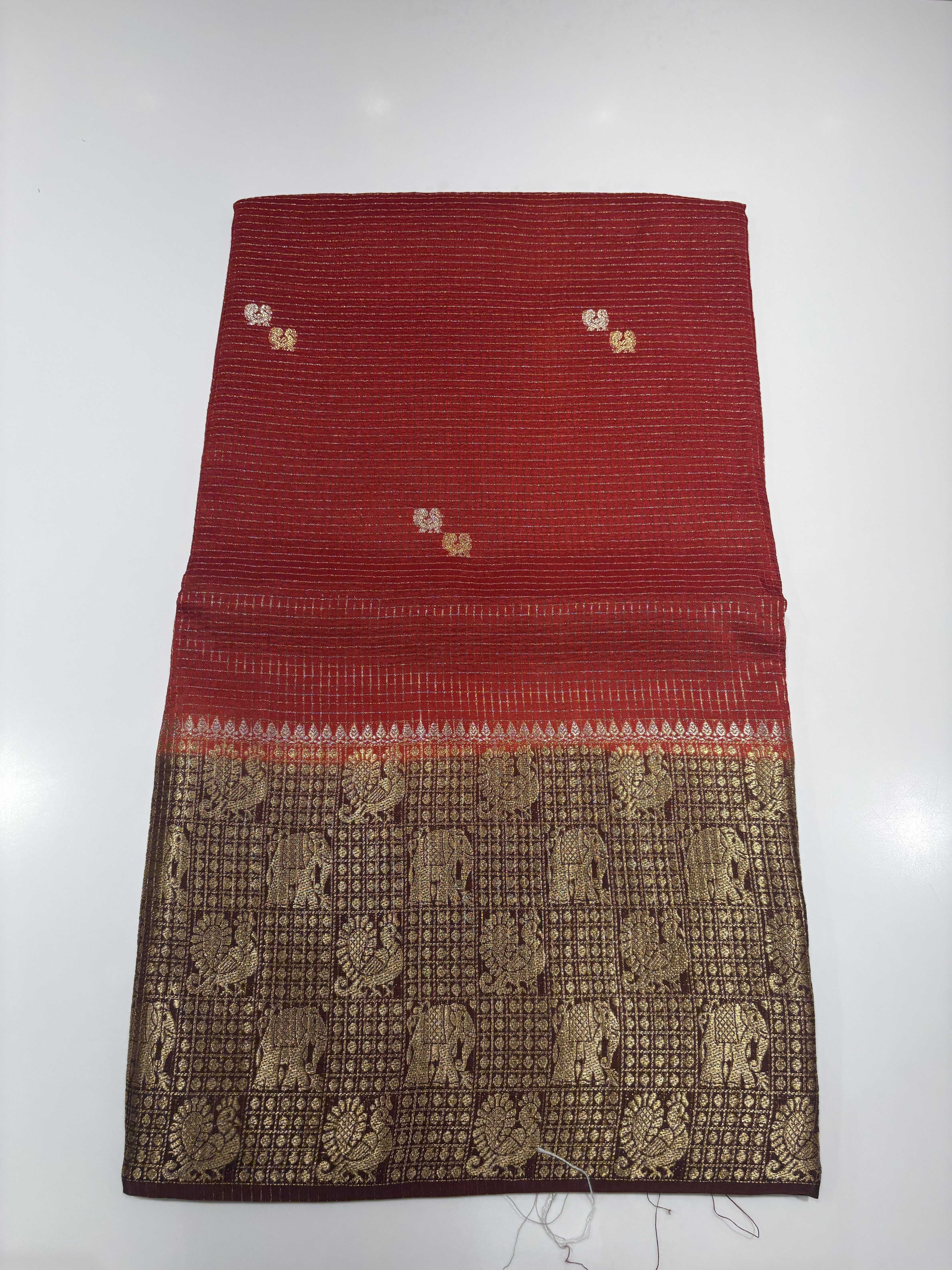 Elegant Red Fancy Saree With Brown Contrast