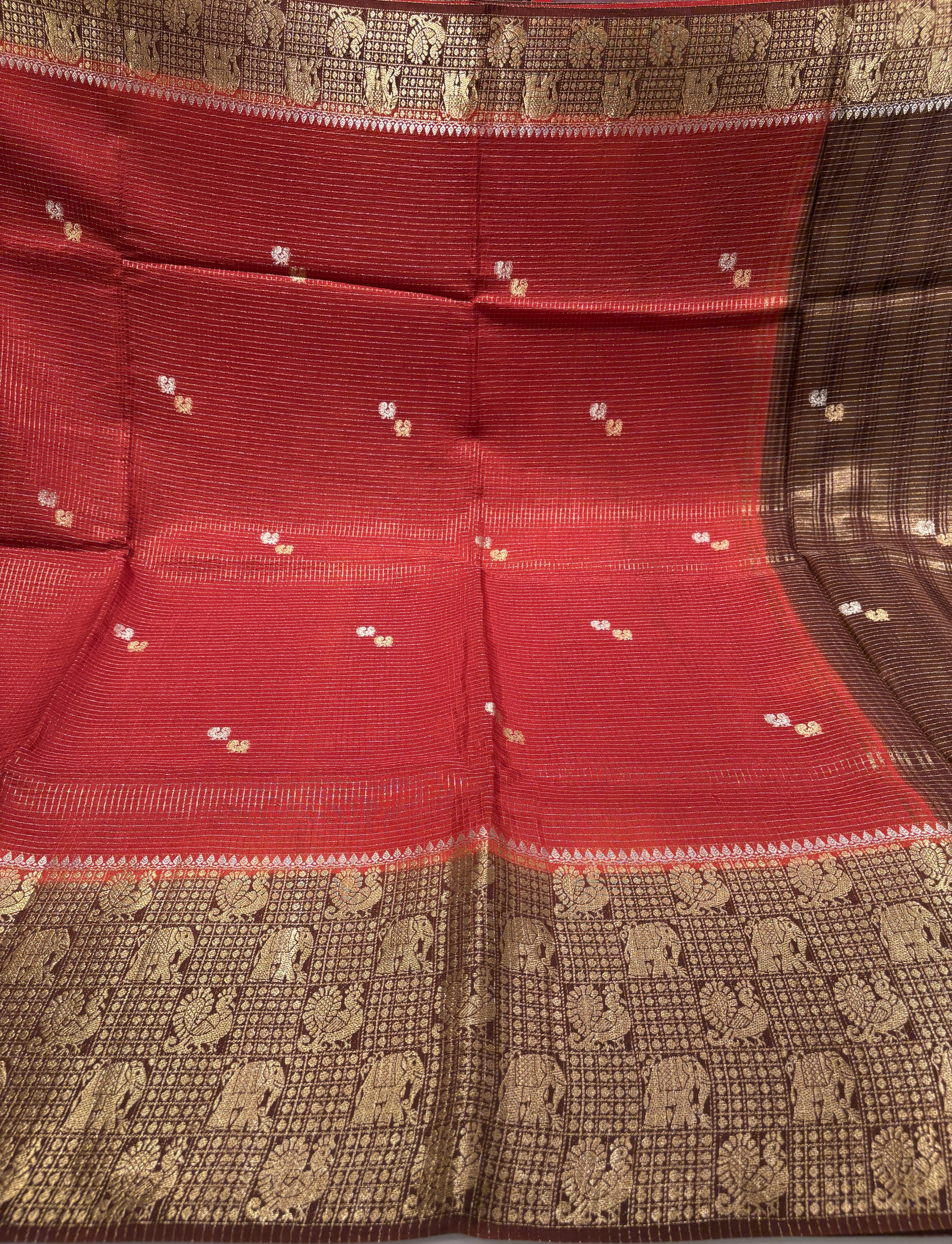 Elegant Red Fancy Saree With Brown Contrast
