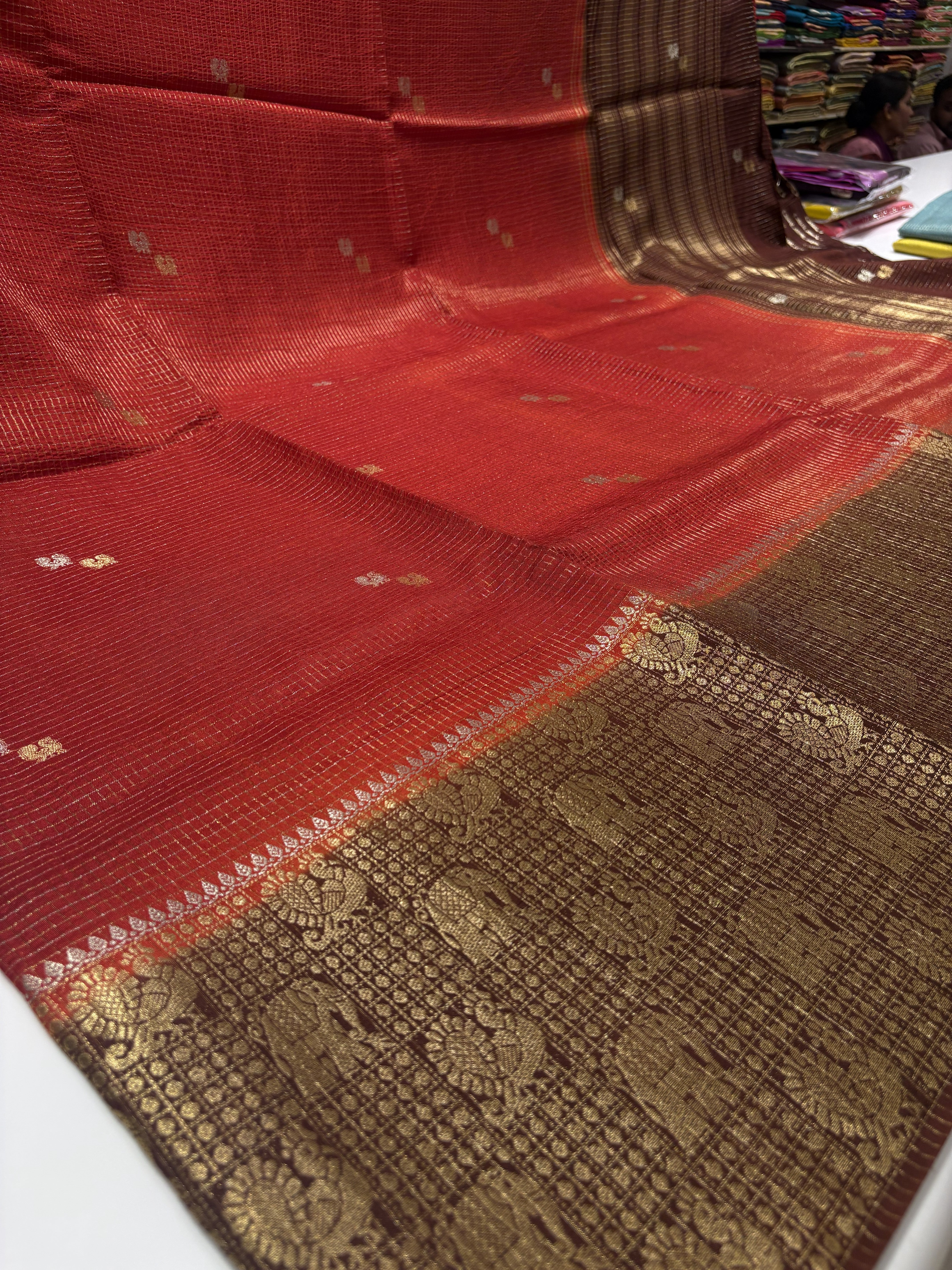 Elegant Red Fancy Saree With Brown Contrast