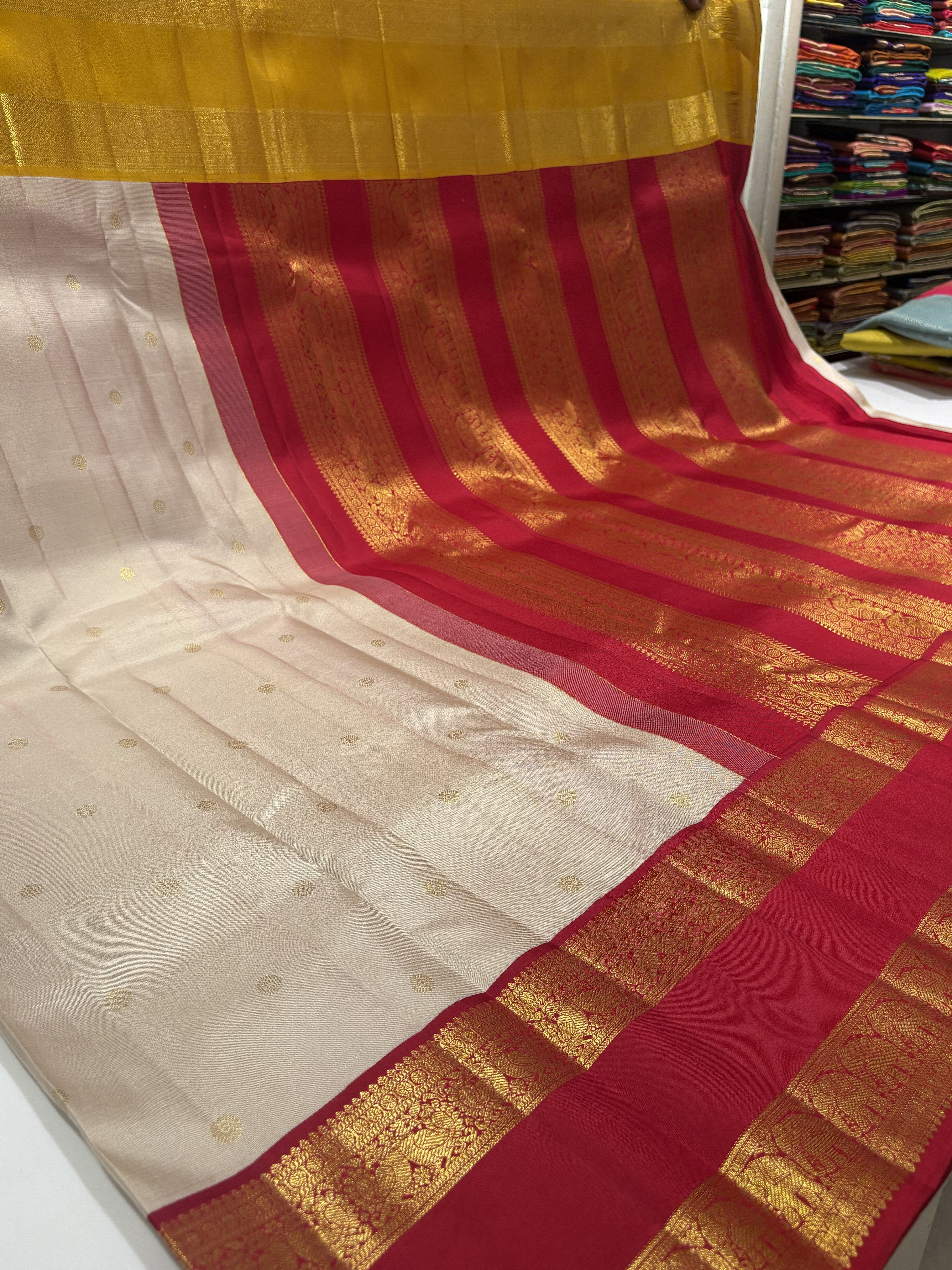 Premium Cream Pure Kanjivaram Silk Saree with Ganga Jamuna Border