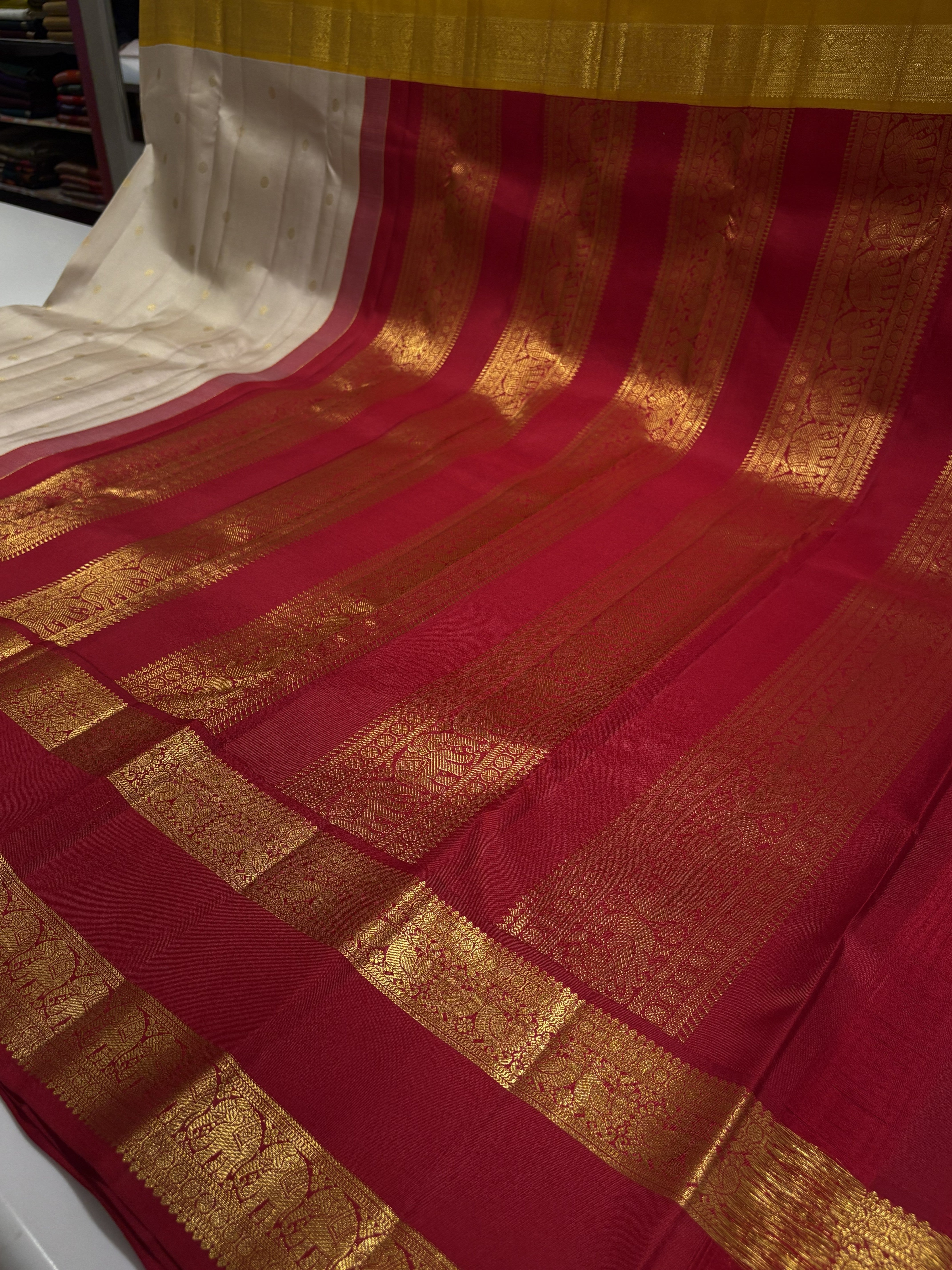 Premium Cream Pure Kanjivaram Silk Saree with Ganga Jamuna Border