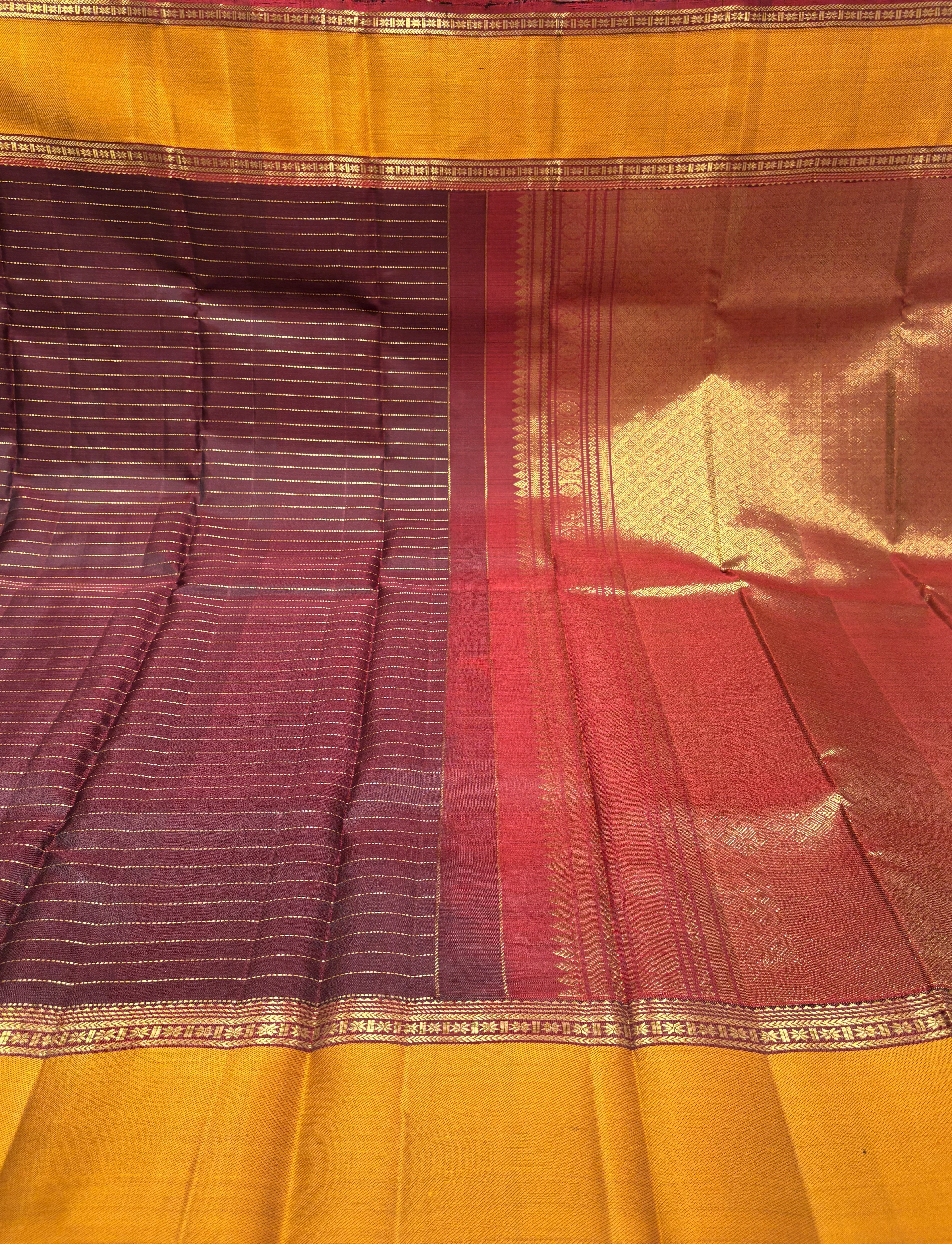 Vintage Dark Brown Kanjivaram Silk Saree with Turmeric yellow Border