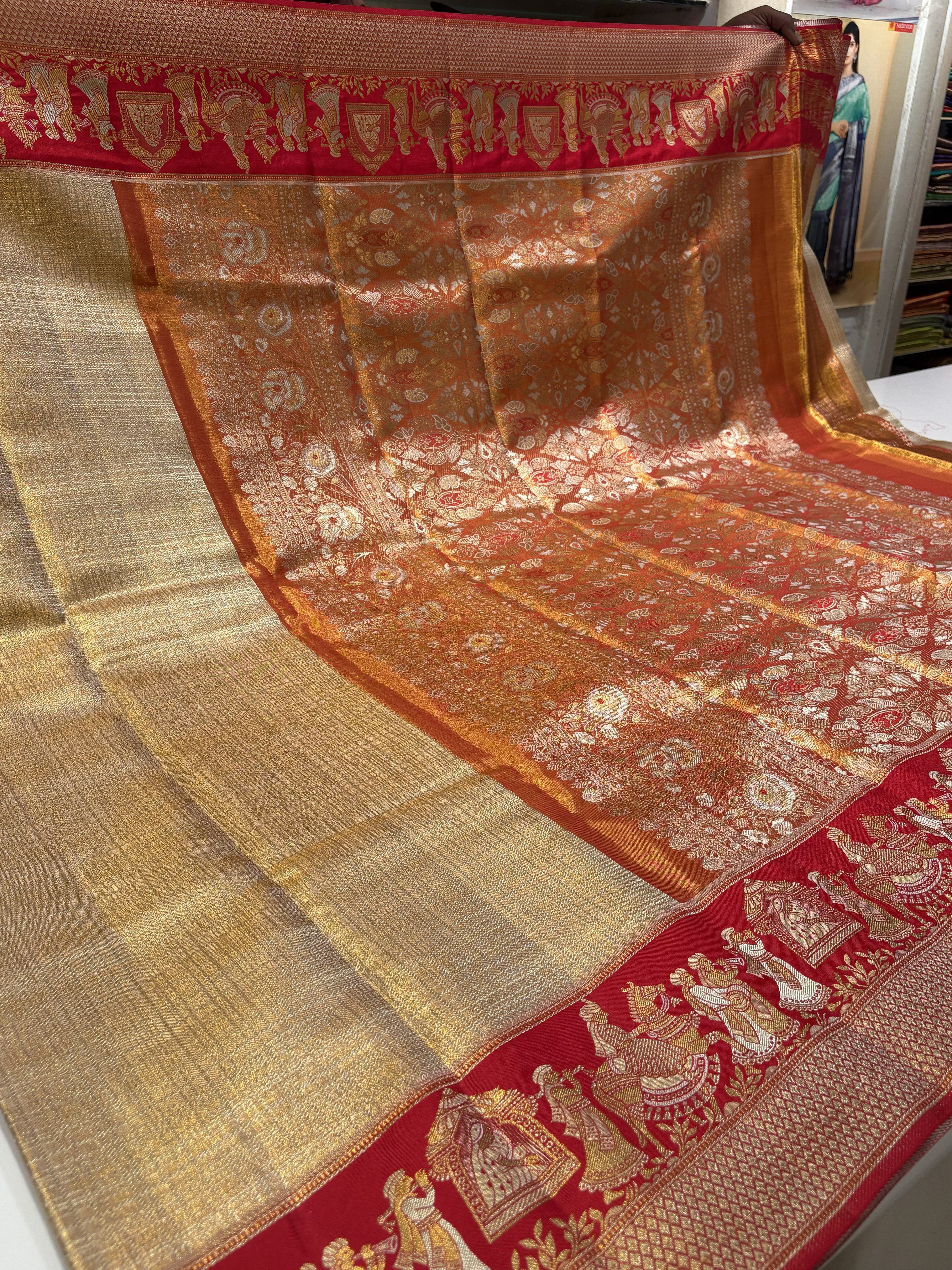 Gold Pure Kanjivaram Tissue Silk Saree with Pallakki Border
