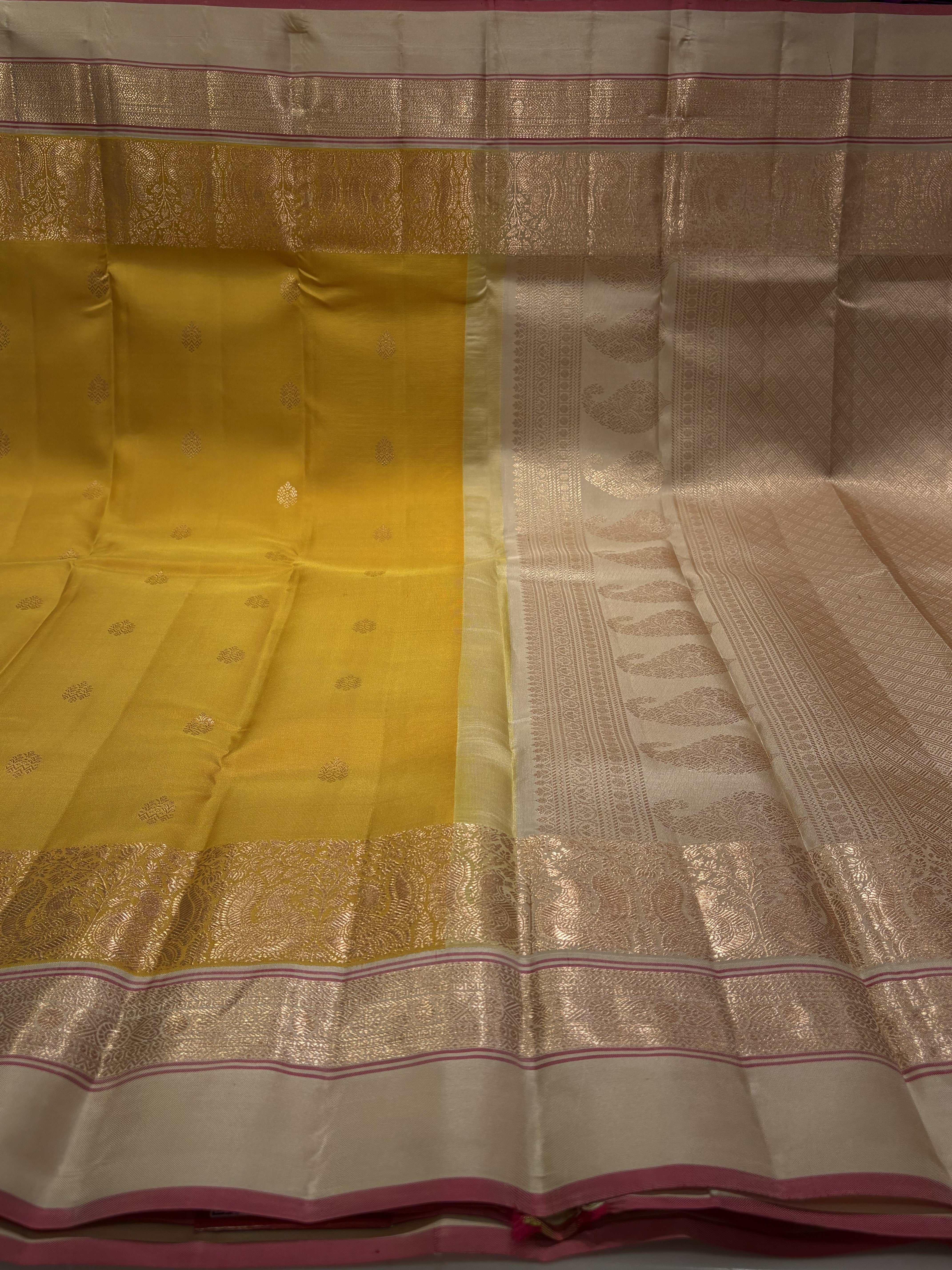Premium Yellow Pure Kanjivaram Silk Saree with Cream Contrast