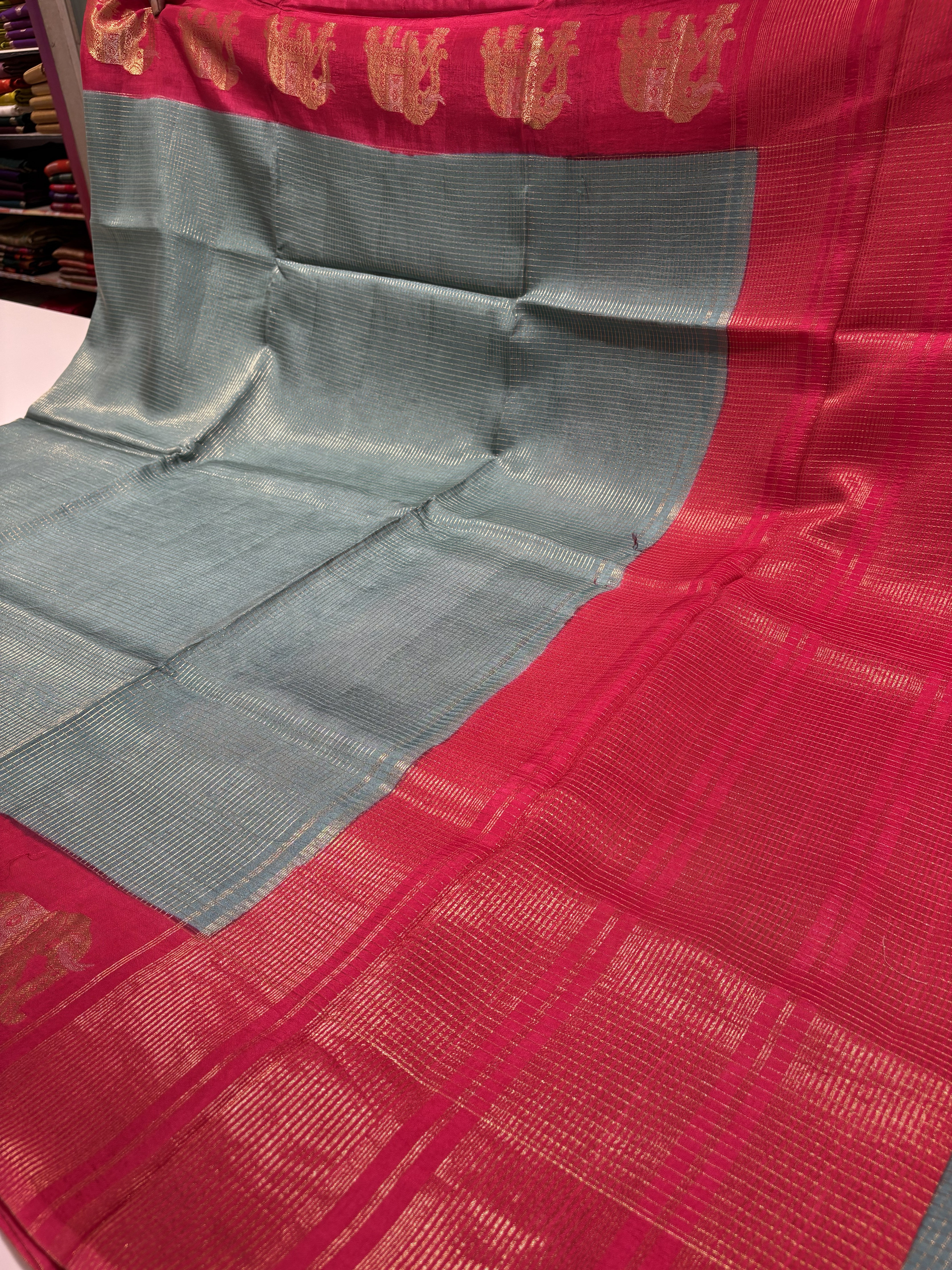 Beautiful Grey Fancy Saree With Red Contrast