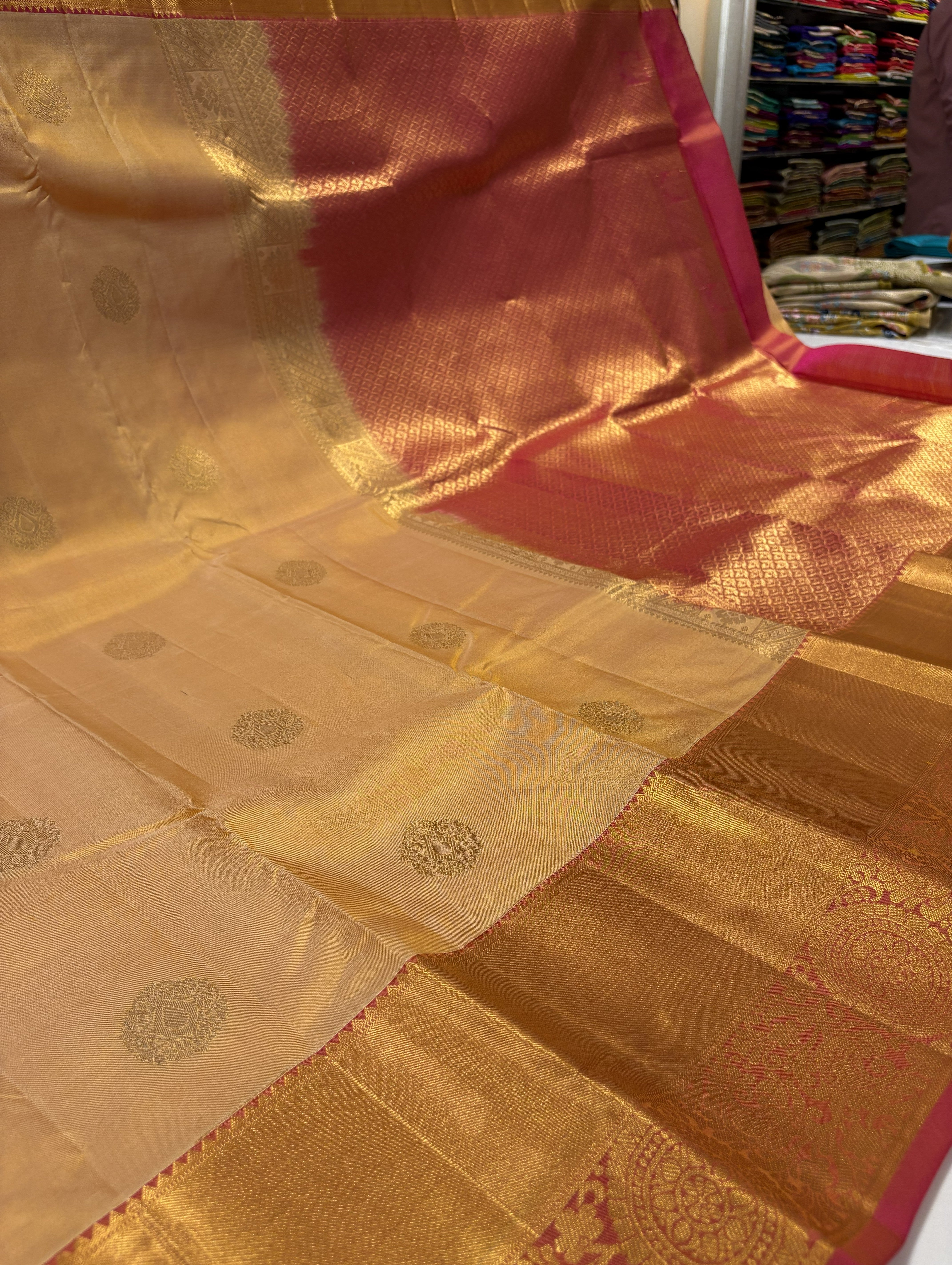 Ivory Cream Pure Kanchipuiram Silk Saree with Regal Magenta Pink Contrast