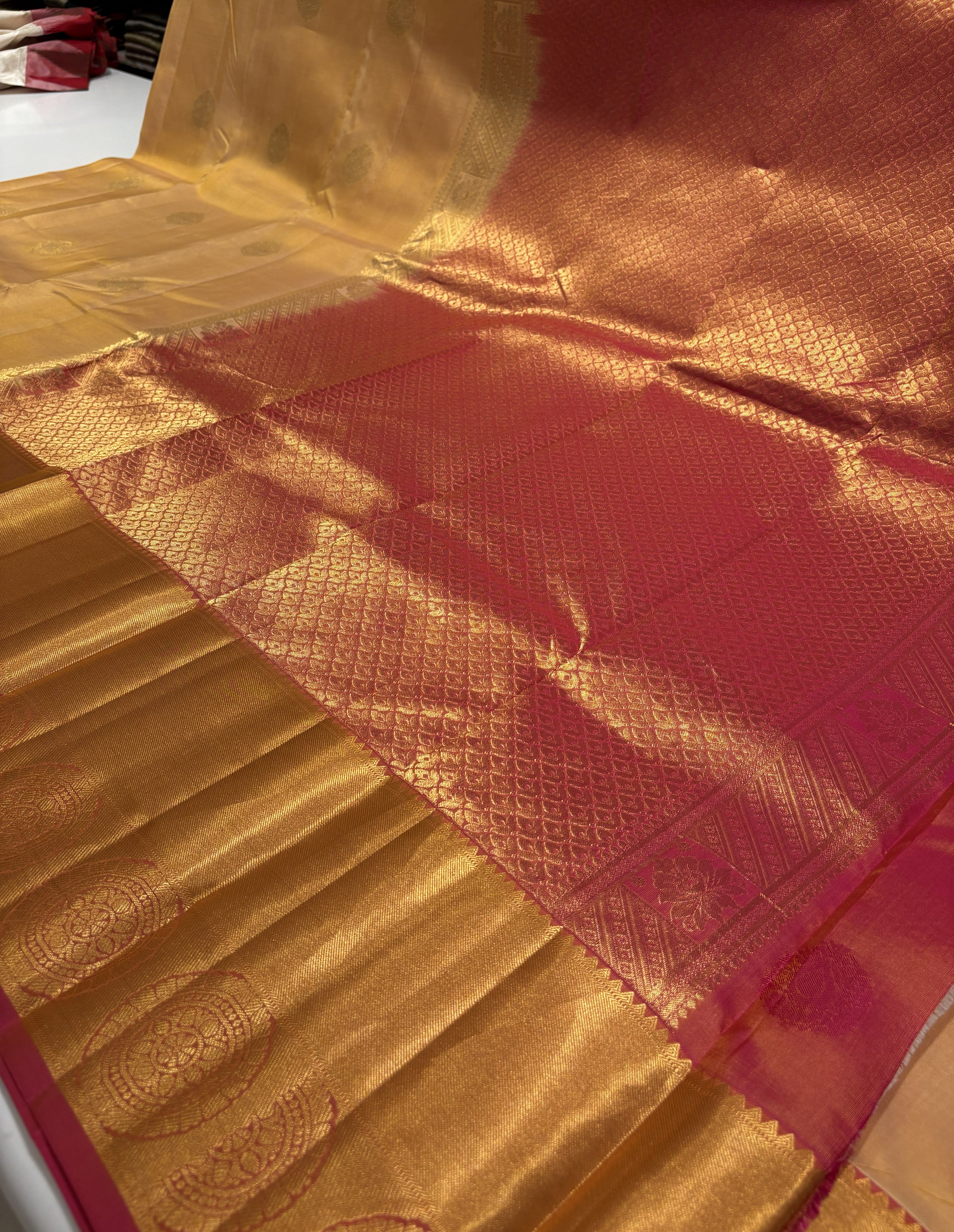 Ivory Cream Pure Kanchipuiram Silk Saree with Regal Magenta Pink Contrast