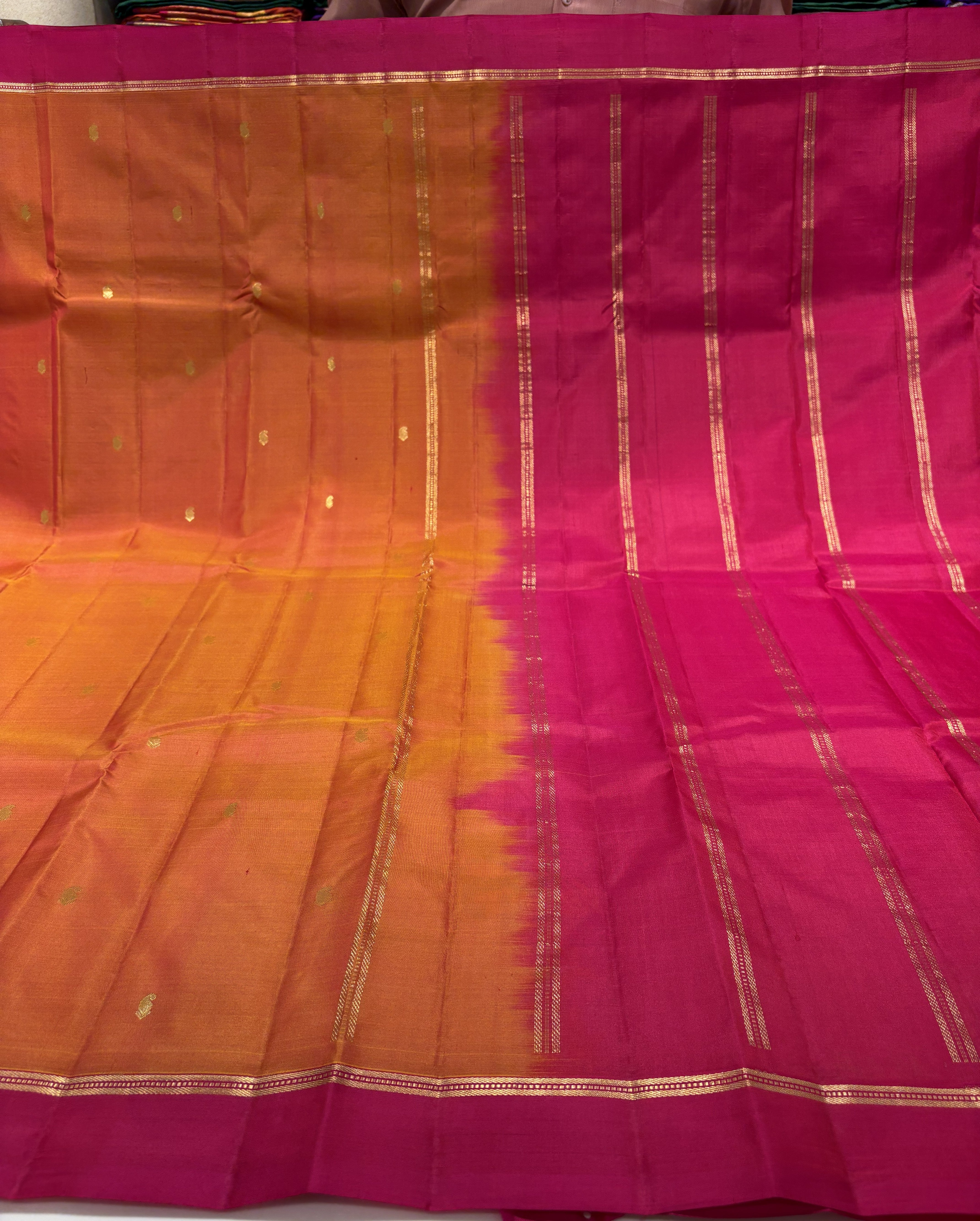 Elegant Orange Pure Kanchipuram Silk Saree with Rani Pink Contrast