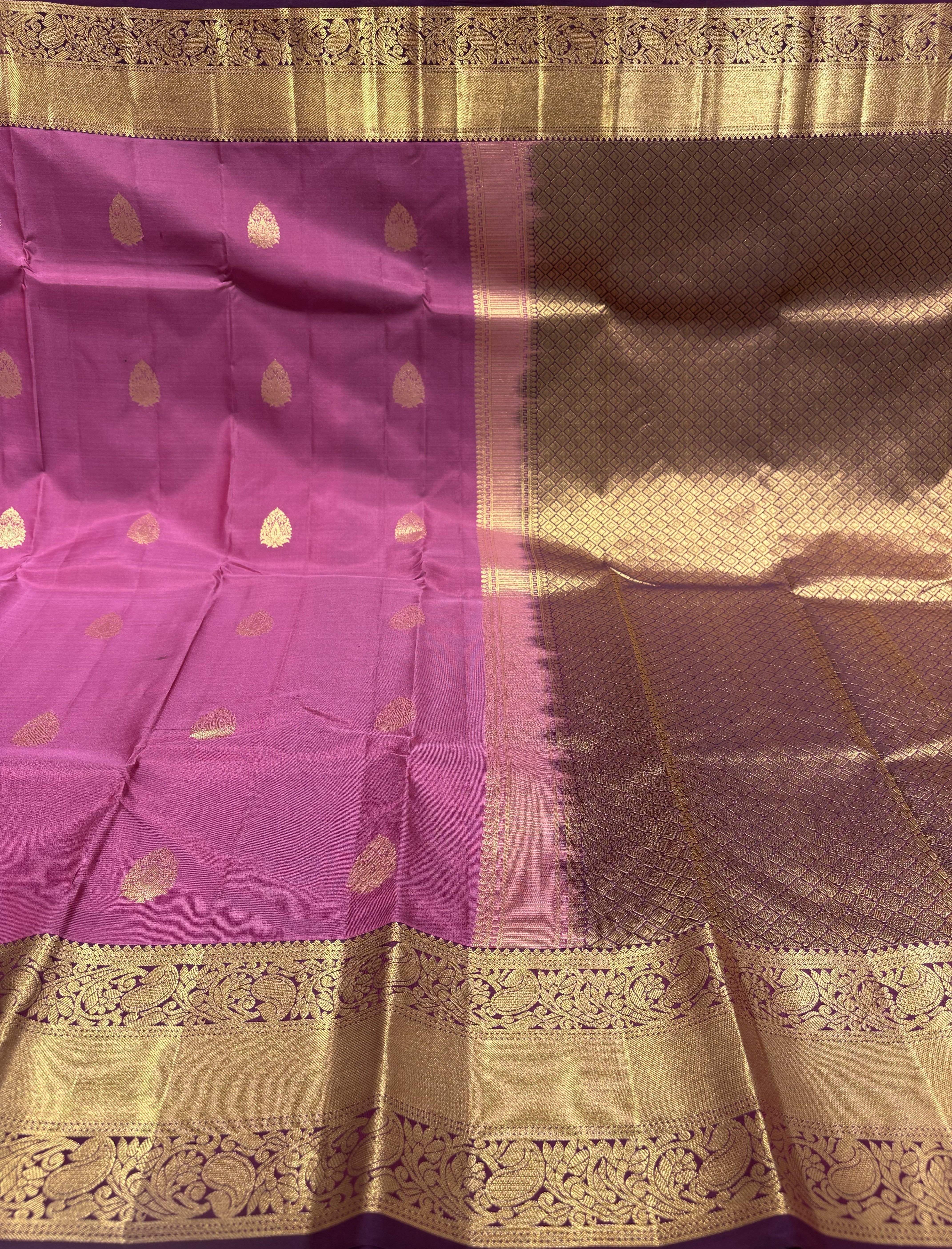 Beautiful Magenta Pink Pure Kanchipuram Silk Saree with Purple Contrast