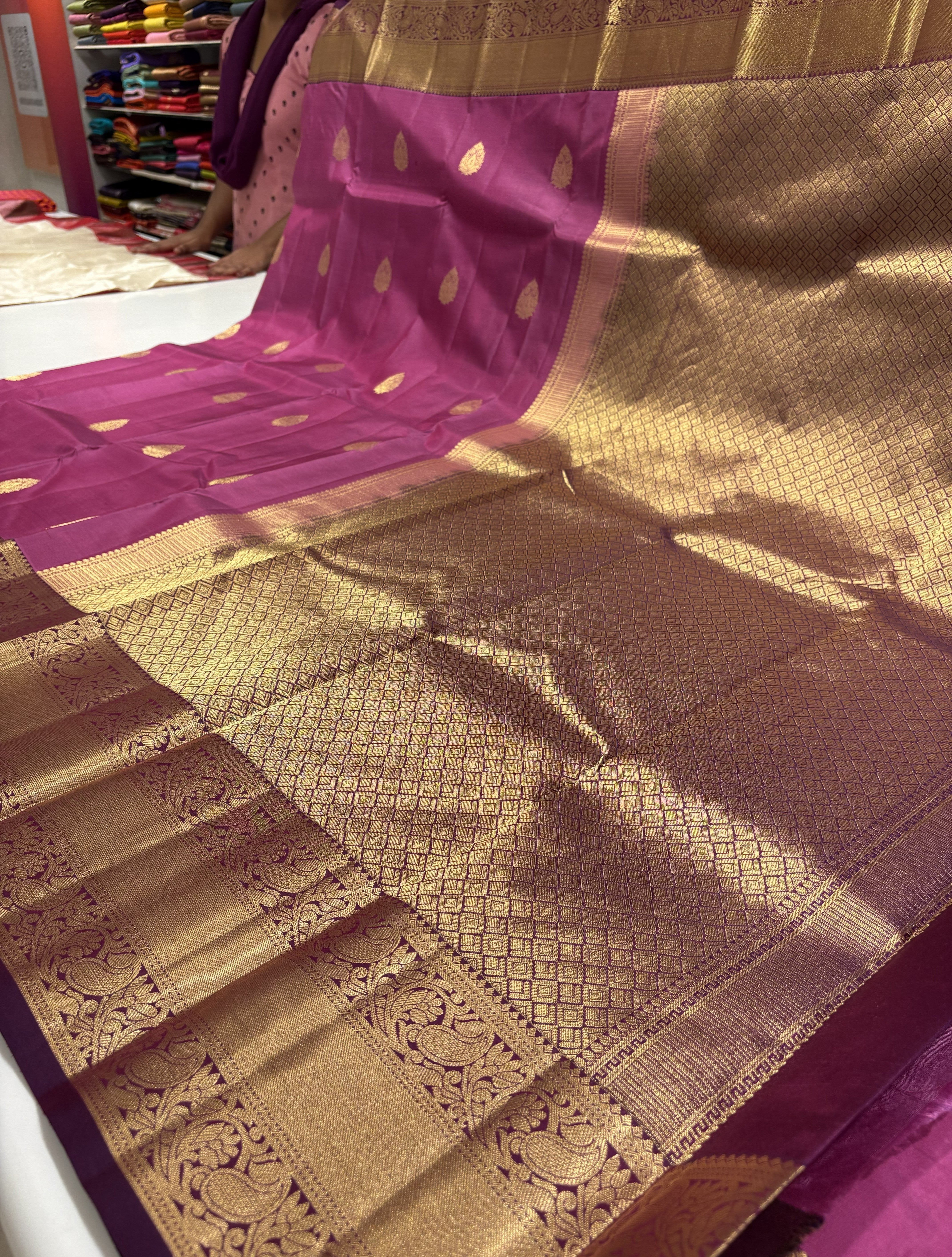 Beautiful Magenta Pink Pure Kanchipuram Silk Saree with Purple Contrast