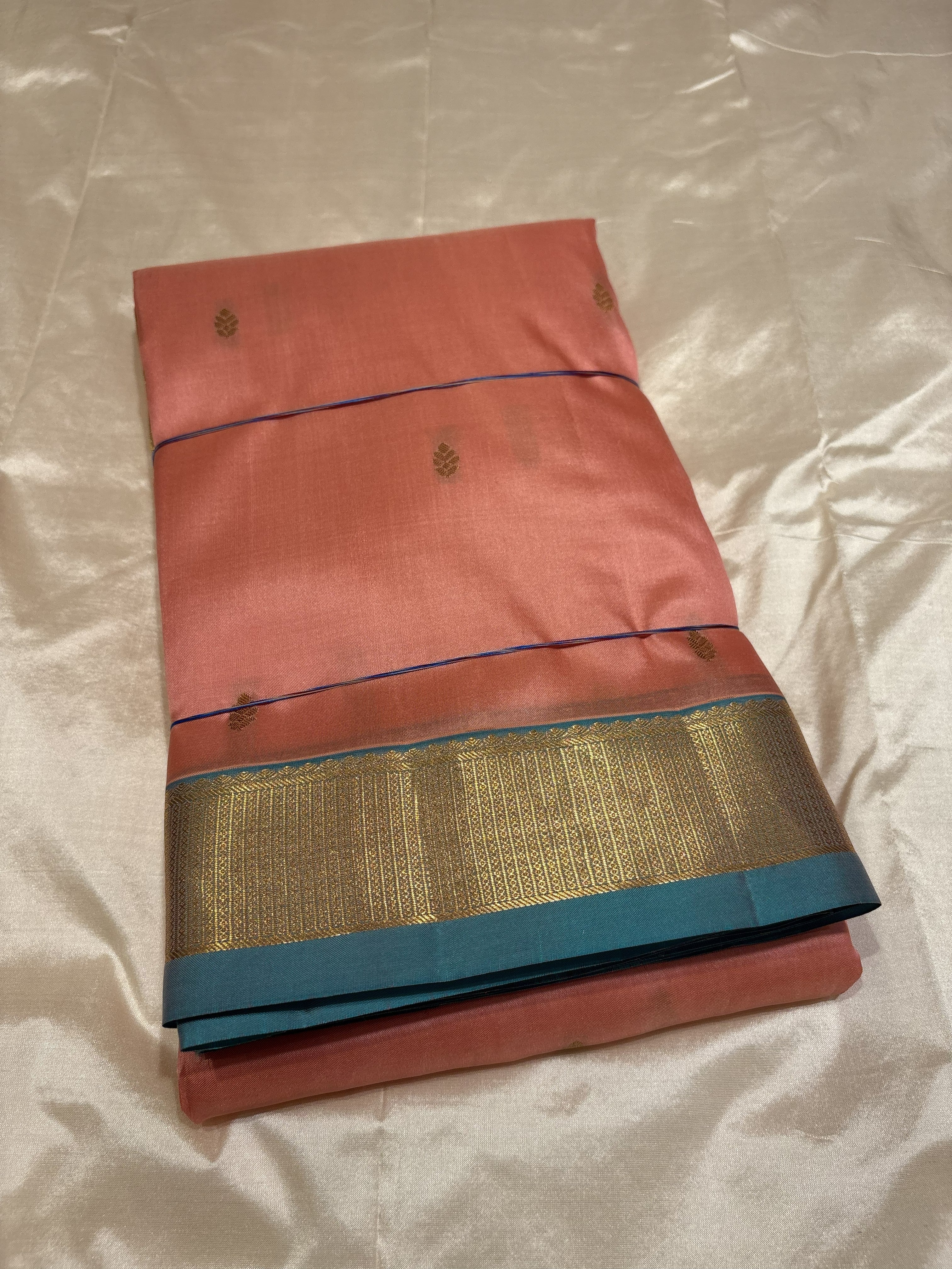Beautiful Baby Pink Pure Kanchipuram Silk Saree With Sky Blue Contrast
