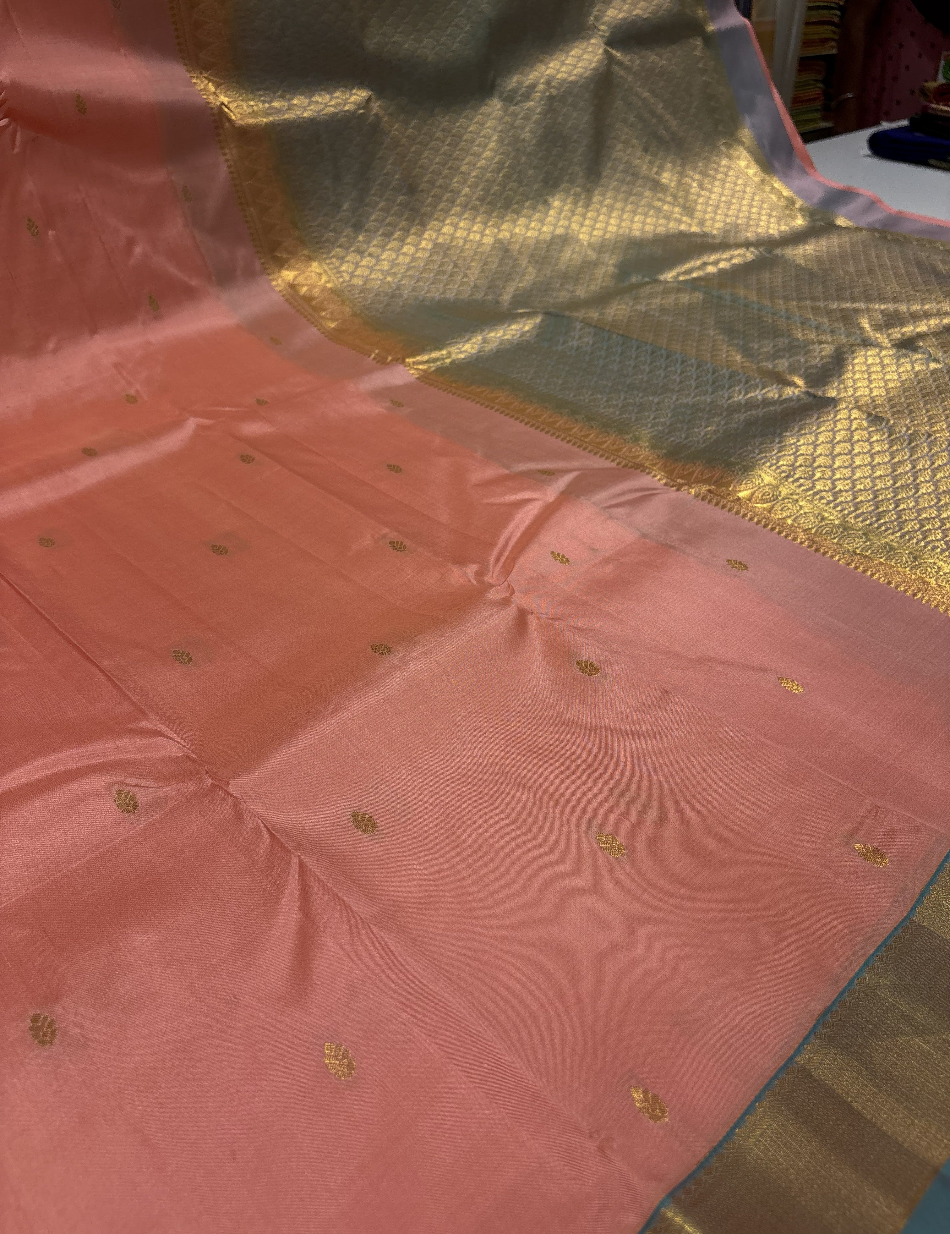 Beautiful Baby Pink Pure Kanchipuram Silk Saree With Sky Blue Contrast