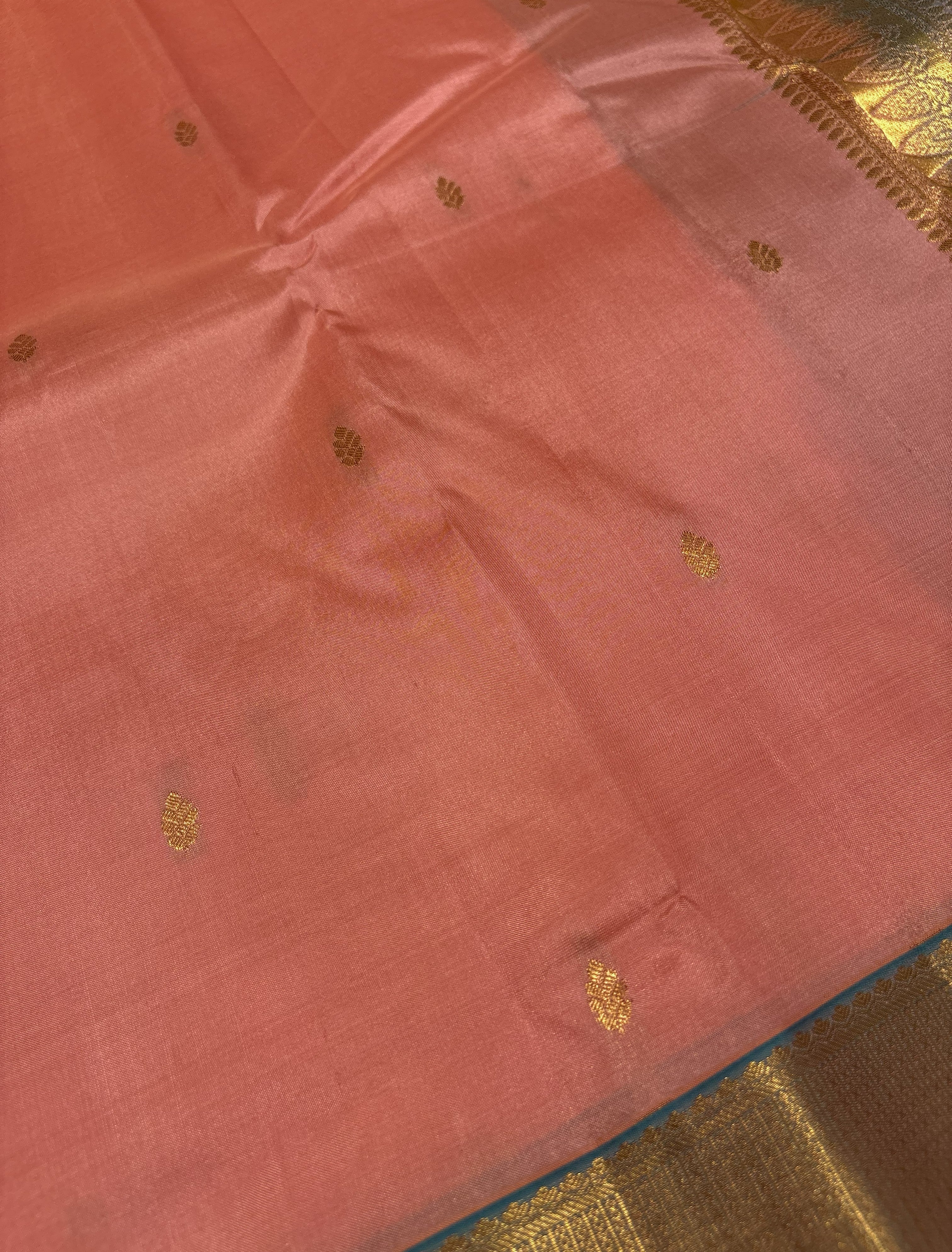 Beautiful Baby Pink Pure Kanchipuram Silk Saree With Sky Blue Contrast