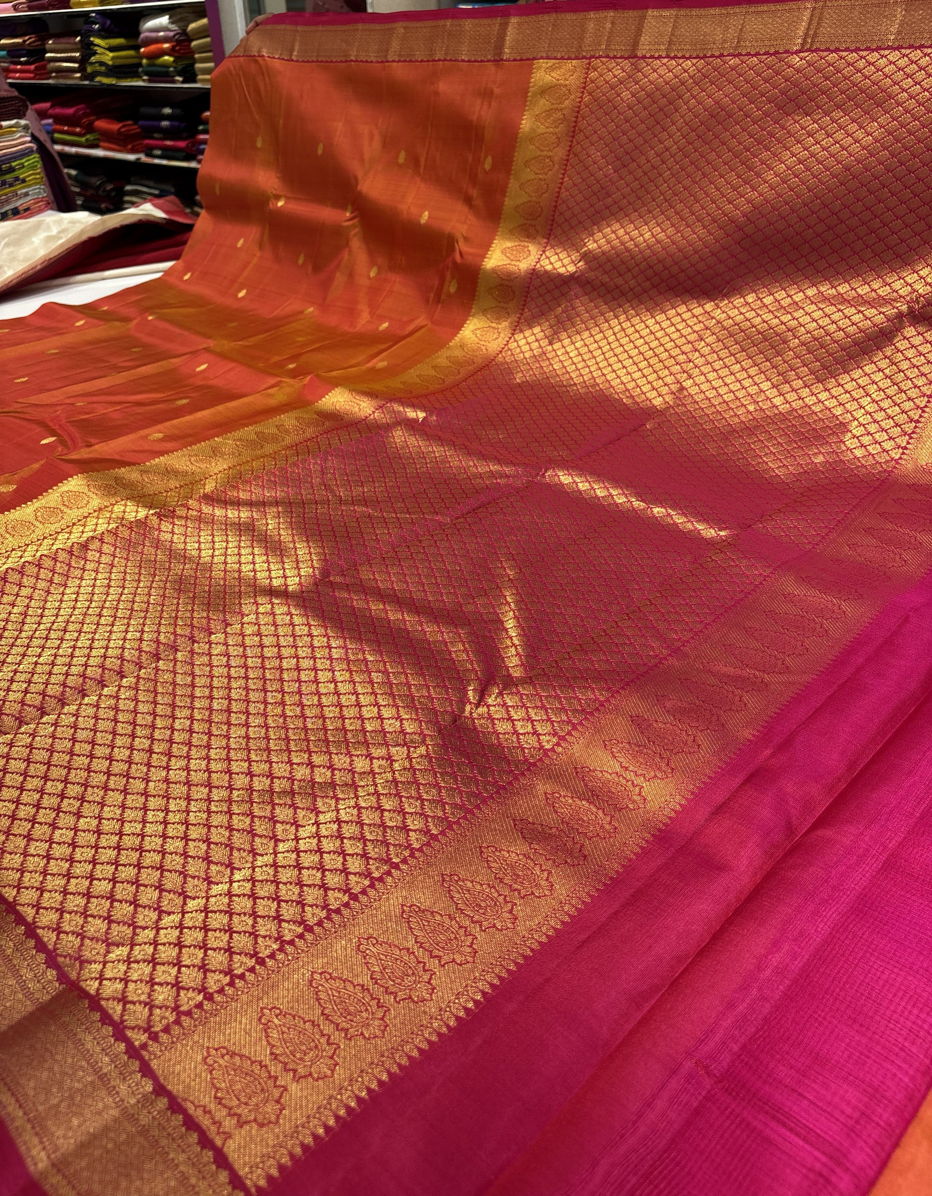 Vibrant Orange Pure Kanchipuram Silk Saree With Rani Pink Contrast