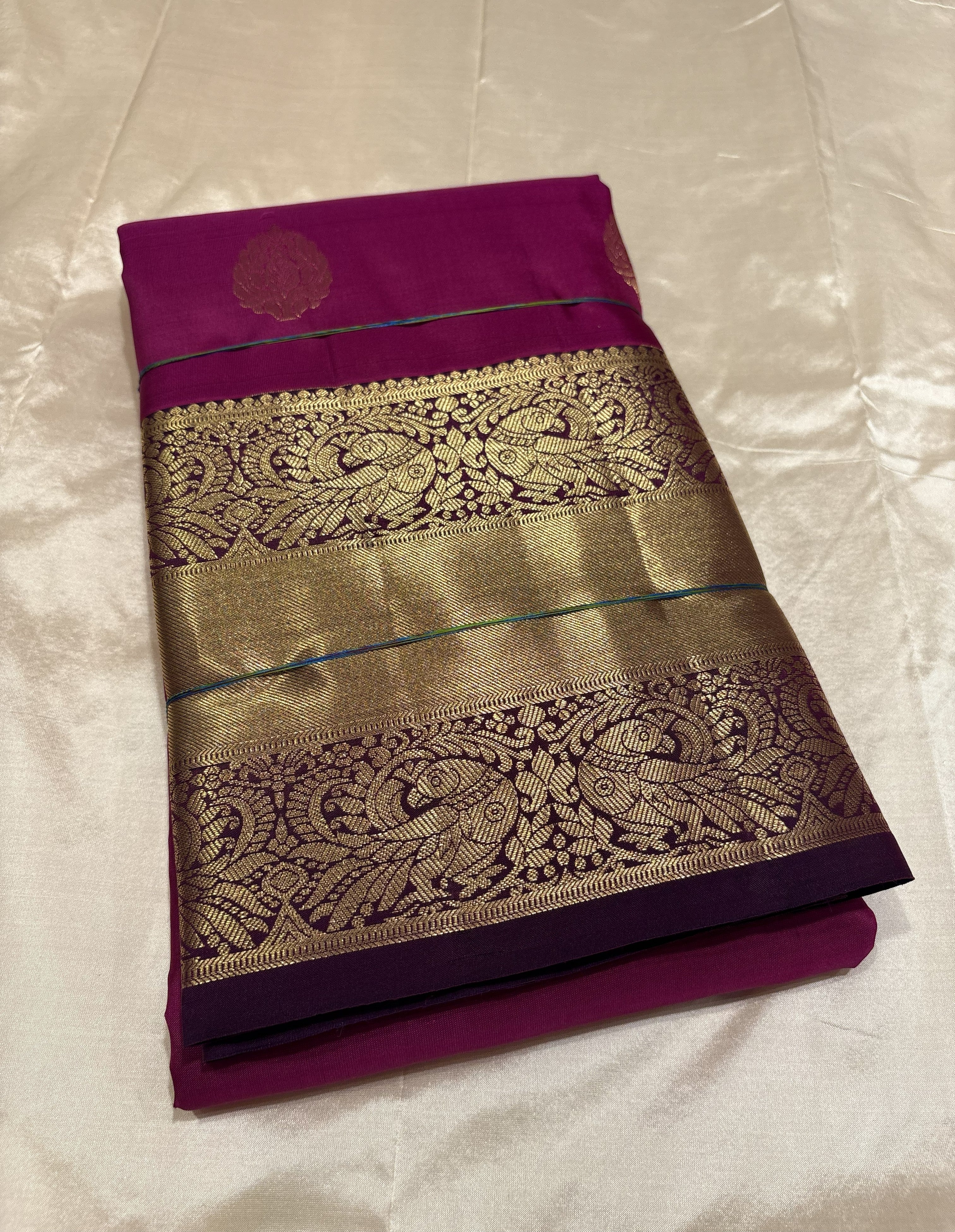Beautiful Deep Rose Pink Pure Kanchipuram Silk Saree With Plum Purple Contrast
