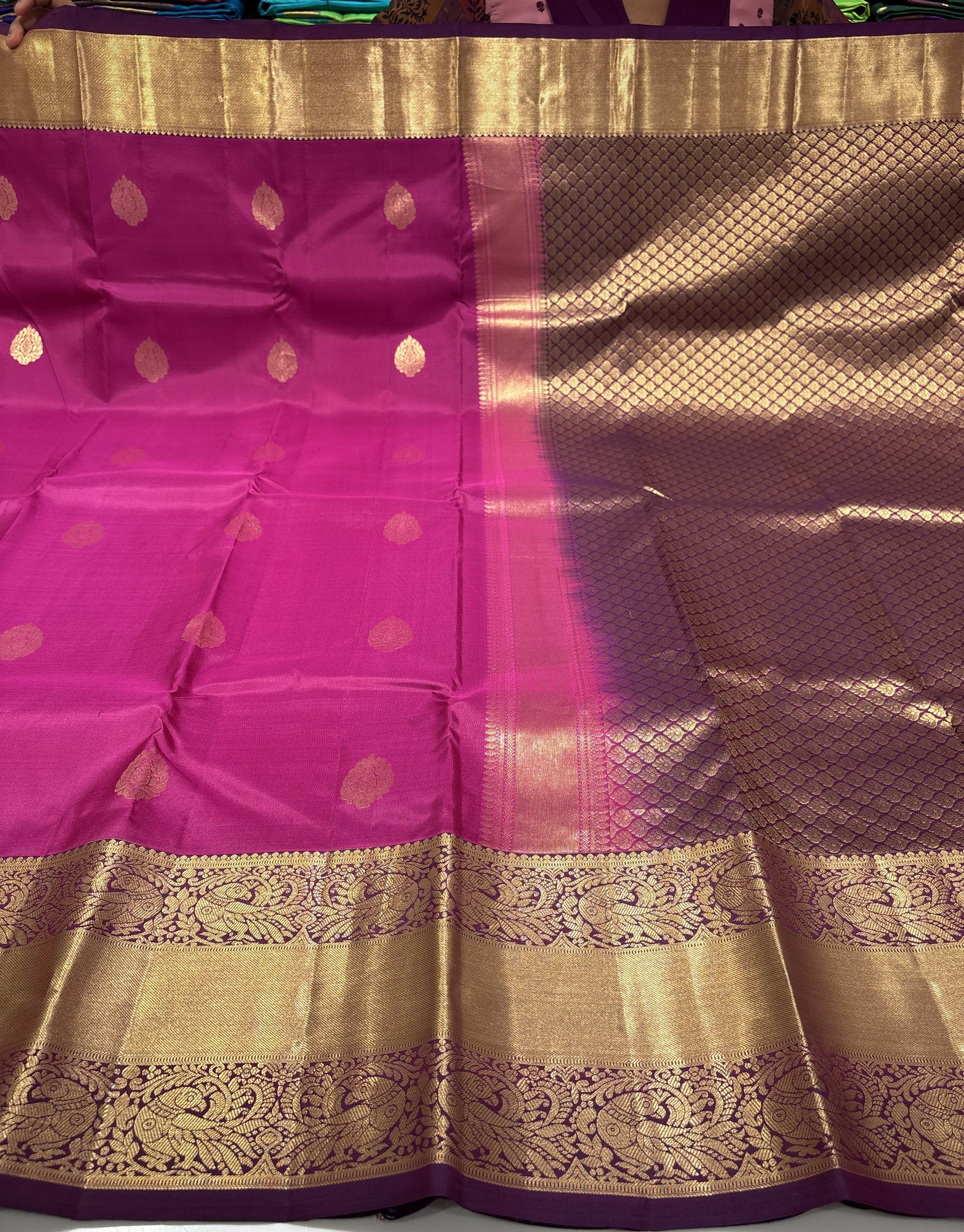 Beautiful Deep Rose Pink Pure Kanchipuram Silk Saree With Plum Purple Contrast