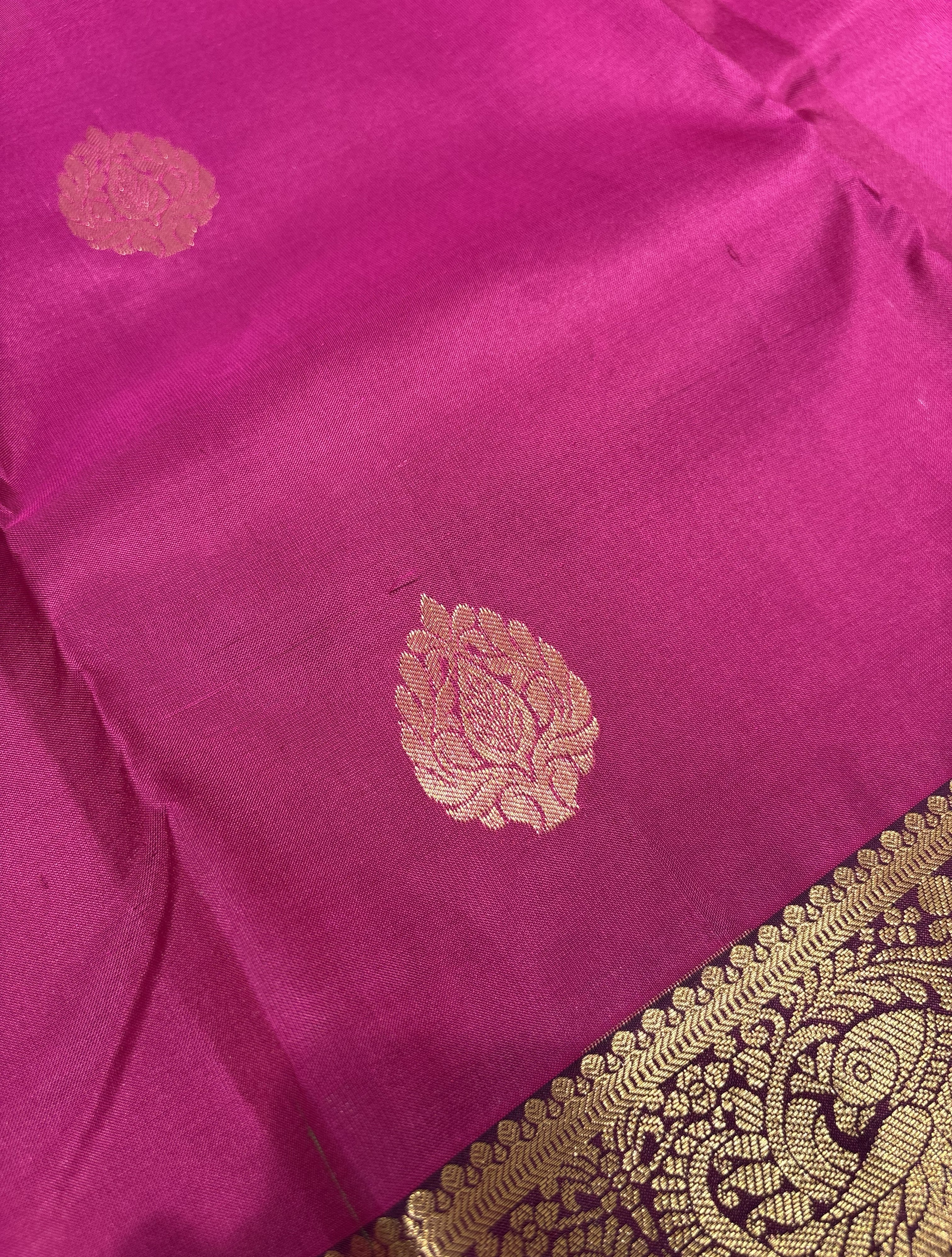Beautiful Deep Rose Pink Pure Kanchipuram Silk Saree With Plum Purple Contrast