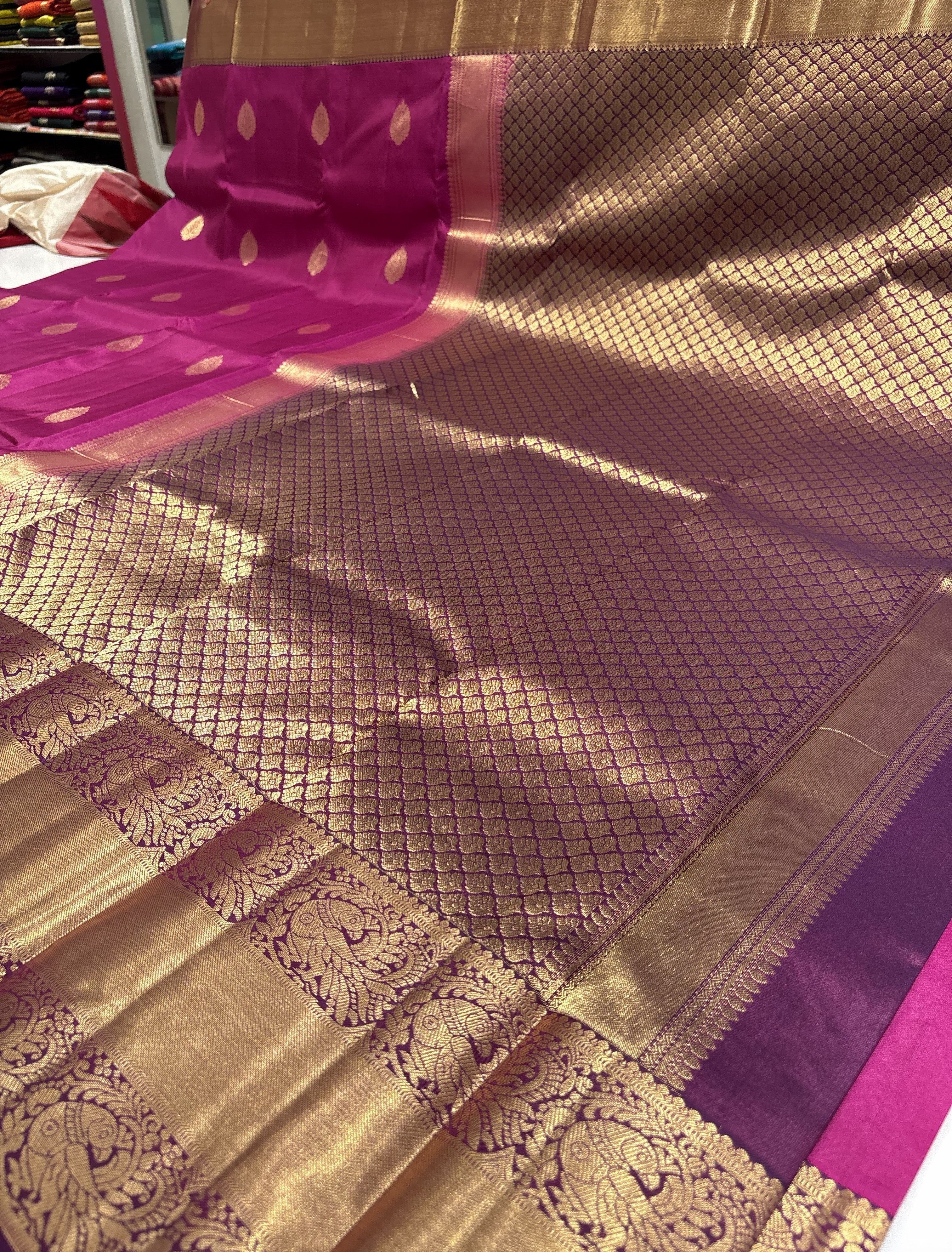 Beautiful Deep Rose Pink Pure Kanchipuram Silk Saree With Plum Purple Contrast
