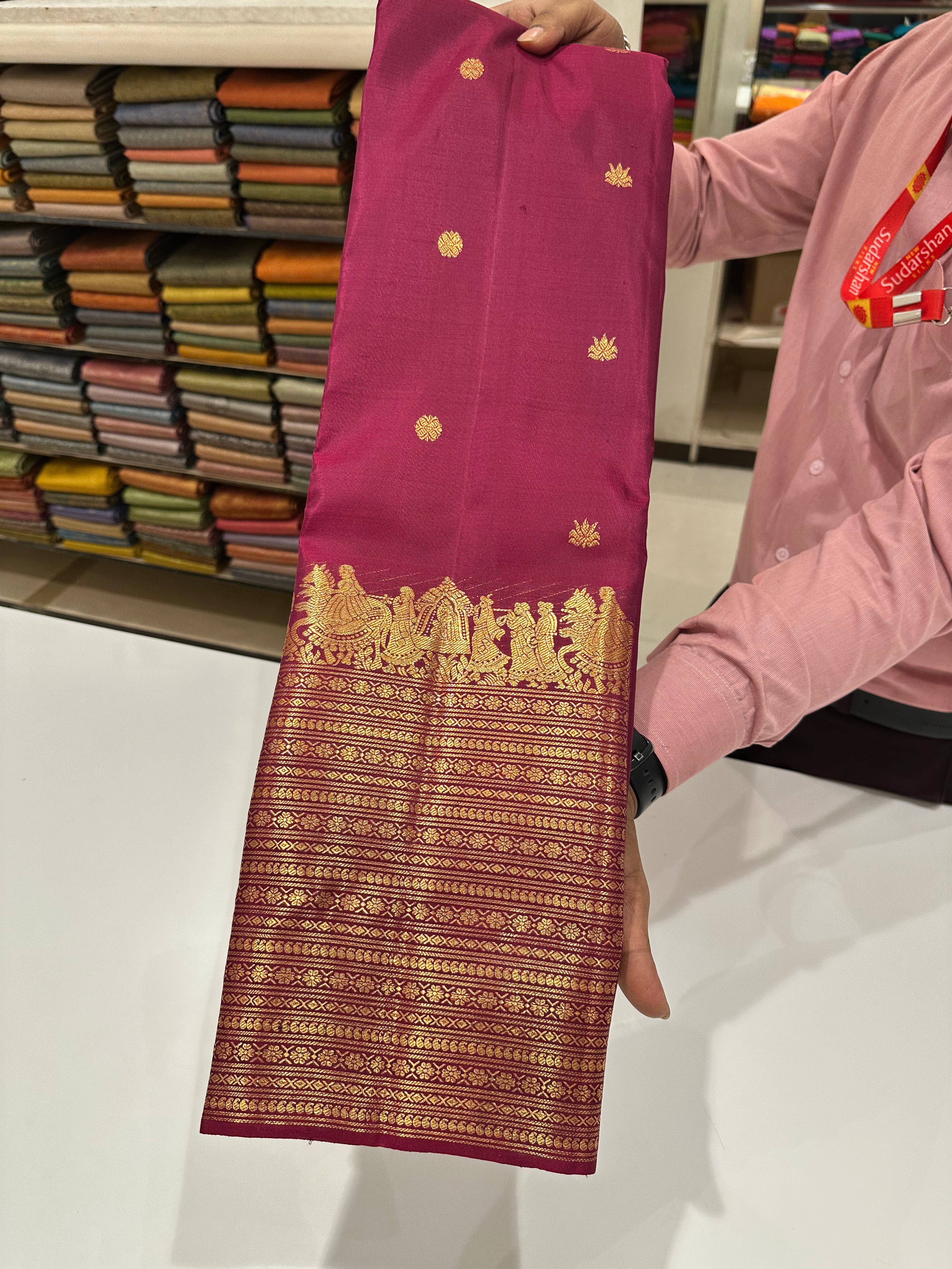 Red Pure Kanjivaram Silk Saree with Grand Zari Border & Royal Buttas-Pallakki Border