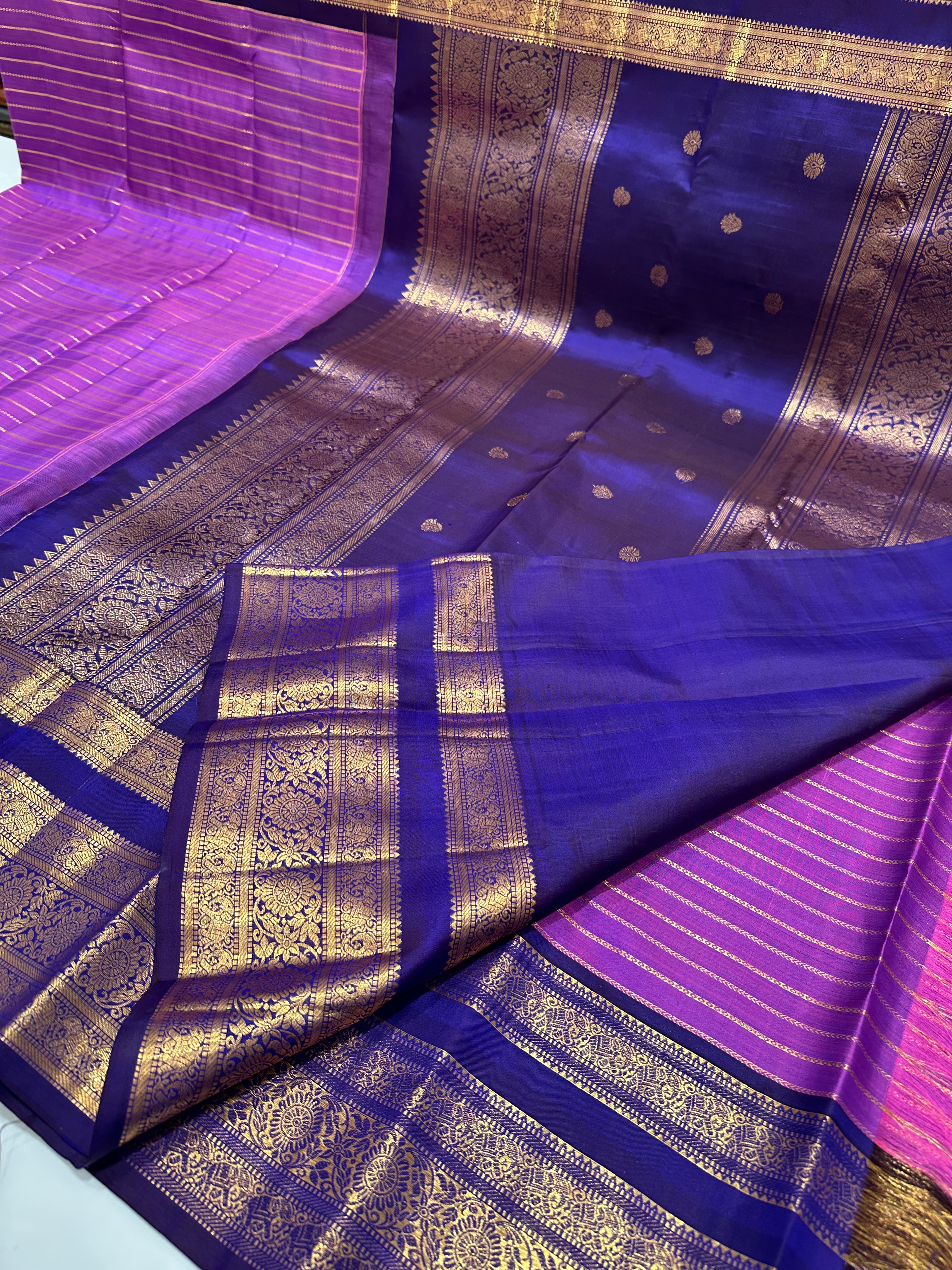 Purple & Blue Pure Kanjivaram Silk Saree with gold Zari Work